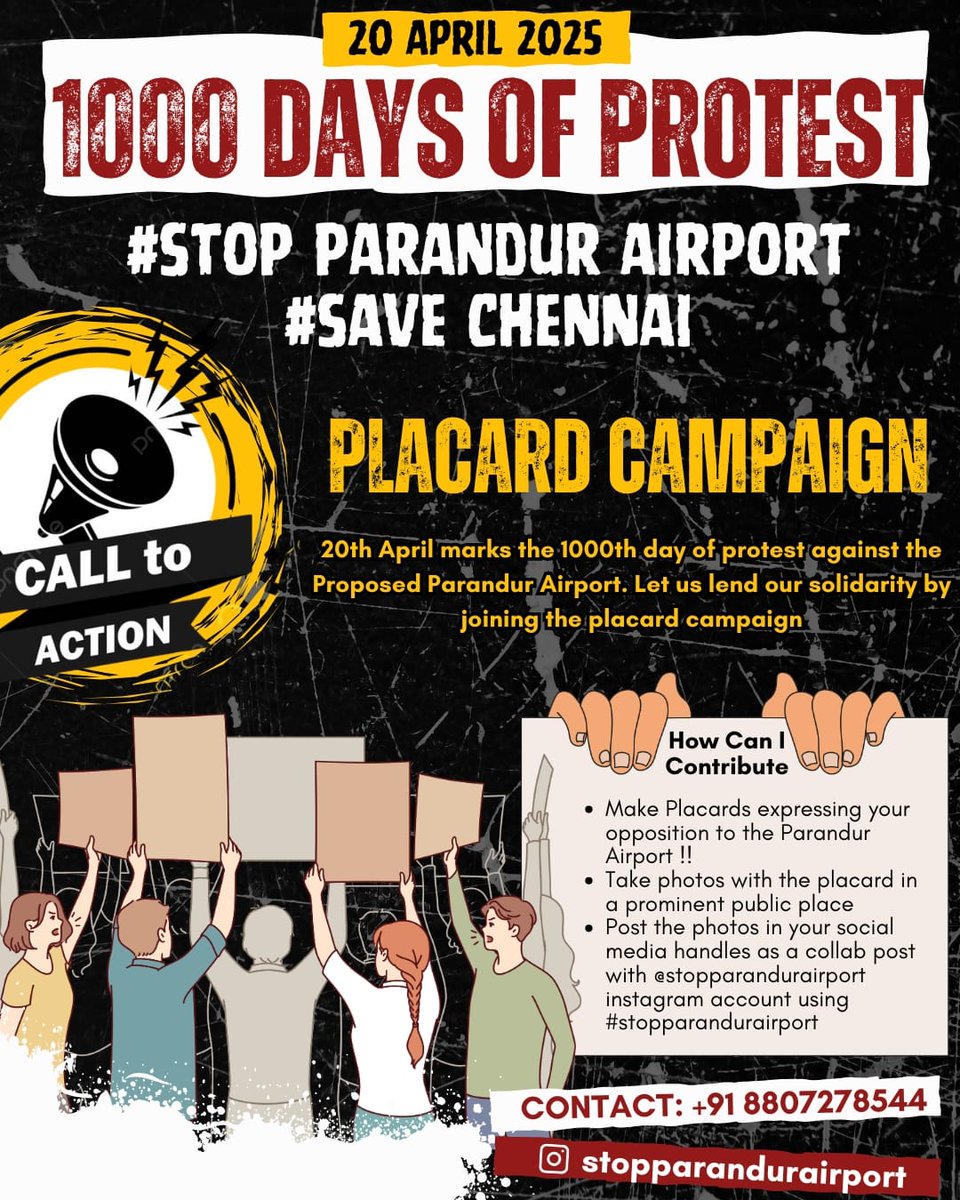 Call for Action!!

Requesting individuals, political parties, ecological and social organisations to join the Placard campaign in solidity with the ongoing farmers protest on its 1000th day on 20th April 2025, to save Parandur to Chennai catastrophe
<a href="/AntiAeroGAAM/">AntiAero</a> <a href="/ClimateFrontIND/">Climate Front India</a>