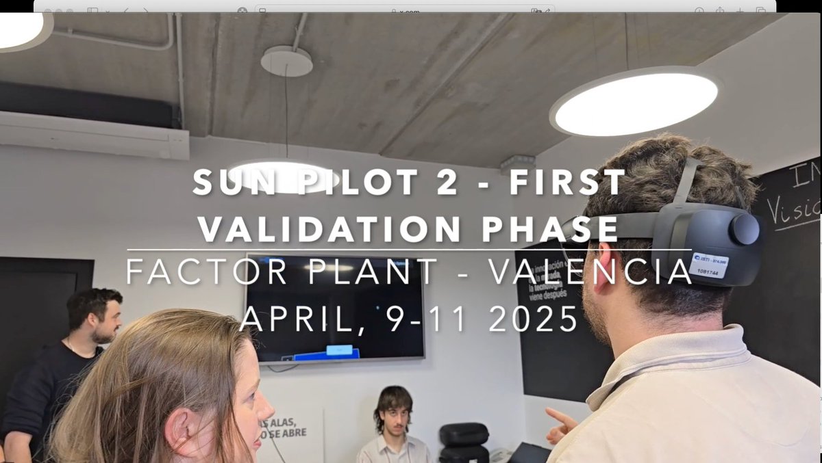 SUN HE (@sun_xr_he) on Twitter photo Last 9-11 April 2025 the first phase of the Pilot 2 (Industry) was held in Valencia (ES), hosted by our partner FACTOR. On youtu.be/ZbgCTpj7PX4 you can find a video showing the main tests carried out. Stay in touch for more.
<a href="/HorizonEU/">Horizon Europe 🇪🇺</a> Last 9-11 April 2025 the first phase of the Pilot 2 (Industry) was held in Valencia (ES), hosted by our partner FACTOR. On youtu.be/ZbgCTpj7PX4 you can find a video showing the main tests carried out. Stay in touch for more.
<a href="/HorizonEU/">Horizon Europe 🇪🇺</a>