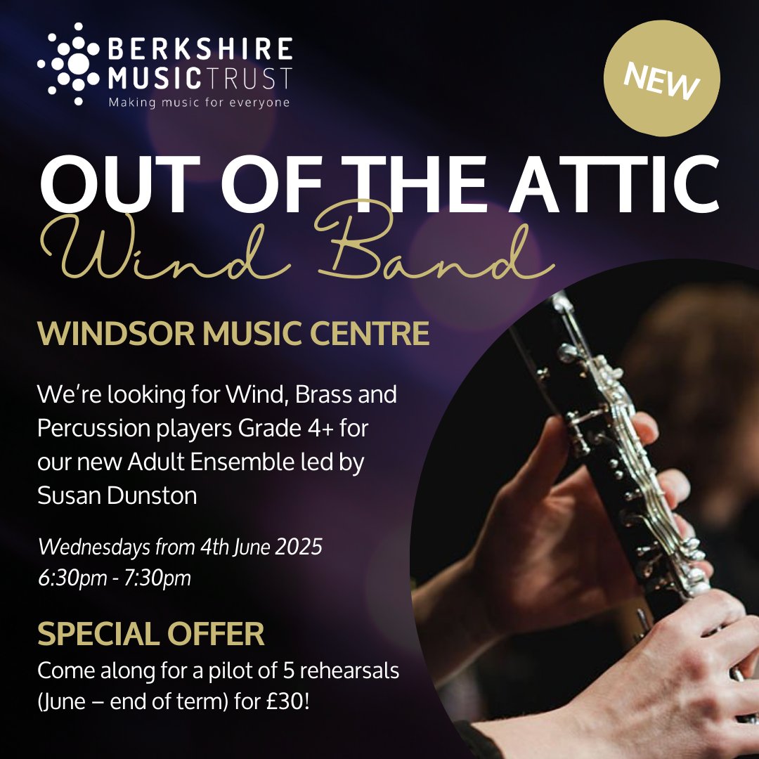 We're launching a brand new Wind Band for adults at Windsor Music Centre! Windsor Out of the Attic Wind Band starts on Wednesday 4th June, 6:30pm-7:30pm. Ready to play again? Sign up now! 🎷🎵 loom.ly/viTk600 or email admissions@berksmusictrust.org.uk #WindsorMusicCentre