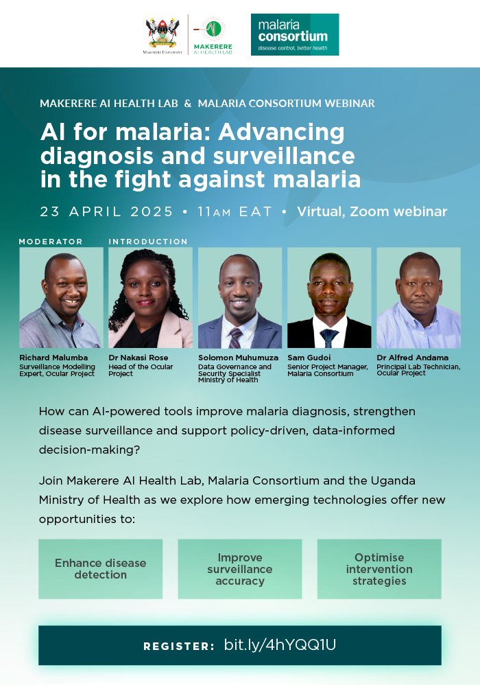 Malaria Consortium (@fightingmalaria) on Twitter photo 🖥️ To mark #WorldMalariaDay, join us for a webinar w/ <a href="/AI_HealthLabMak/">Makerere AI Health Lab</a> & <a href="/MinofHealthUG/">Ministry of Health- Uganda</a> where expert panellists will explore how #AI technologies could revolutionise #malaria detection, surveillance accuracy & intervention strategies.
Register here 👉 bit.ly/4hYQQ1U 🖥️ To mark #WorldMalariaDay, join us for a webinar w/ <a href="/AI_HealthLabMak/">Makerere AI Health Lab</a> & <a href="/MinofHealthUG/">Ministry of Health- Uganda</a> where expert panellists will explore how #AI technologies could revolutionise #malaria detection, surveillance accuracy & intervention strategies.
Register here 👉 bit.ly/4hYQQ1U
