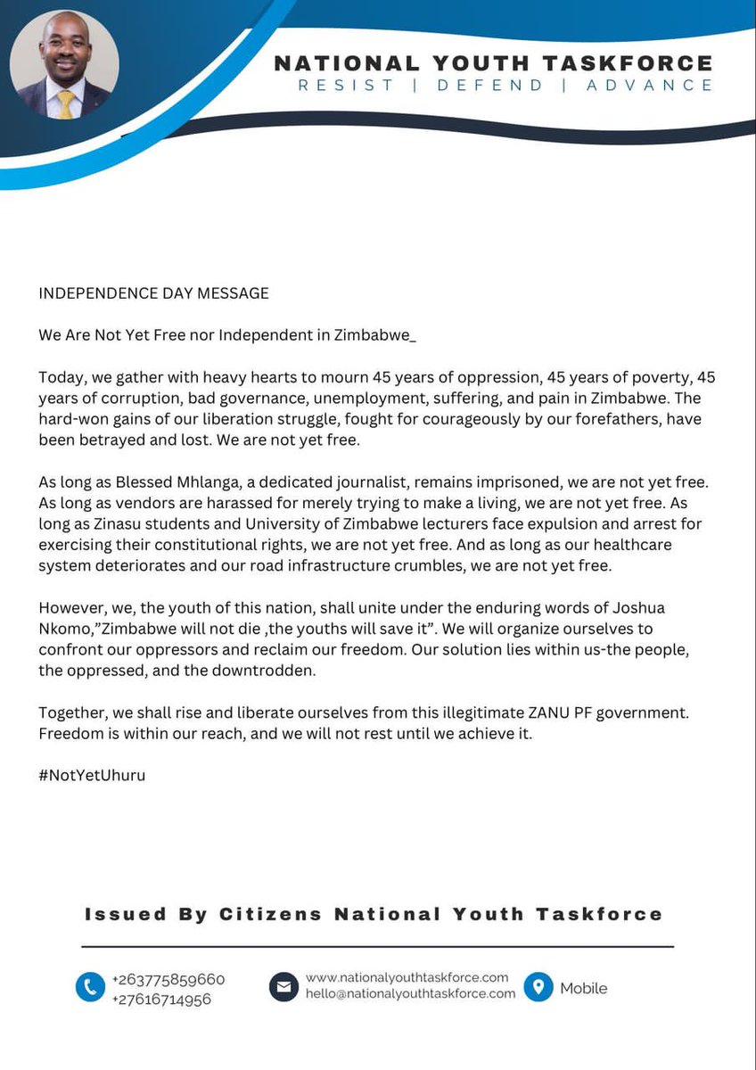 Independence Day Message 

We are not yet free
We are not yet independent 
#NotYetUhuru