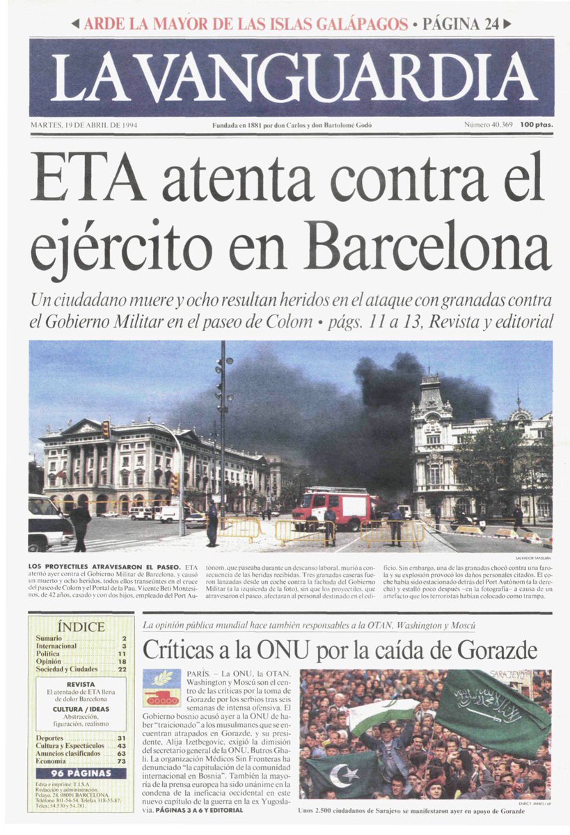 #TalDiaComoHoy de 1994 #ETA asesinó en #Barcelona al transeúnte VICENTE BETI, además de herir a otras seis personas, los terroristas lanzaron 3 granadas al Gobierno Militar, una cuarta granada no llegó a activarse. Pudo haber sido una auténtica masacre.

Esto era ETA 🧵