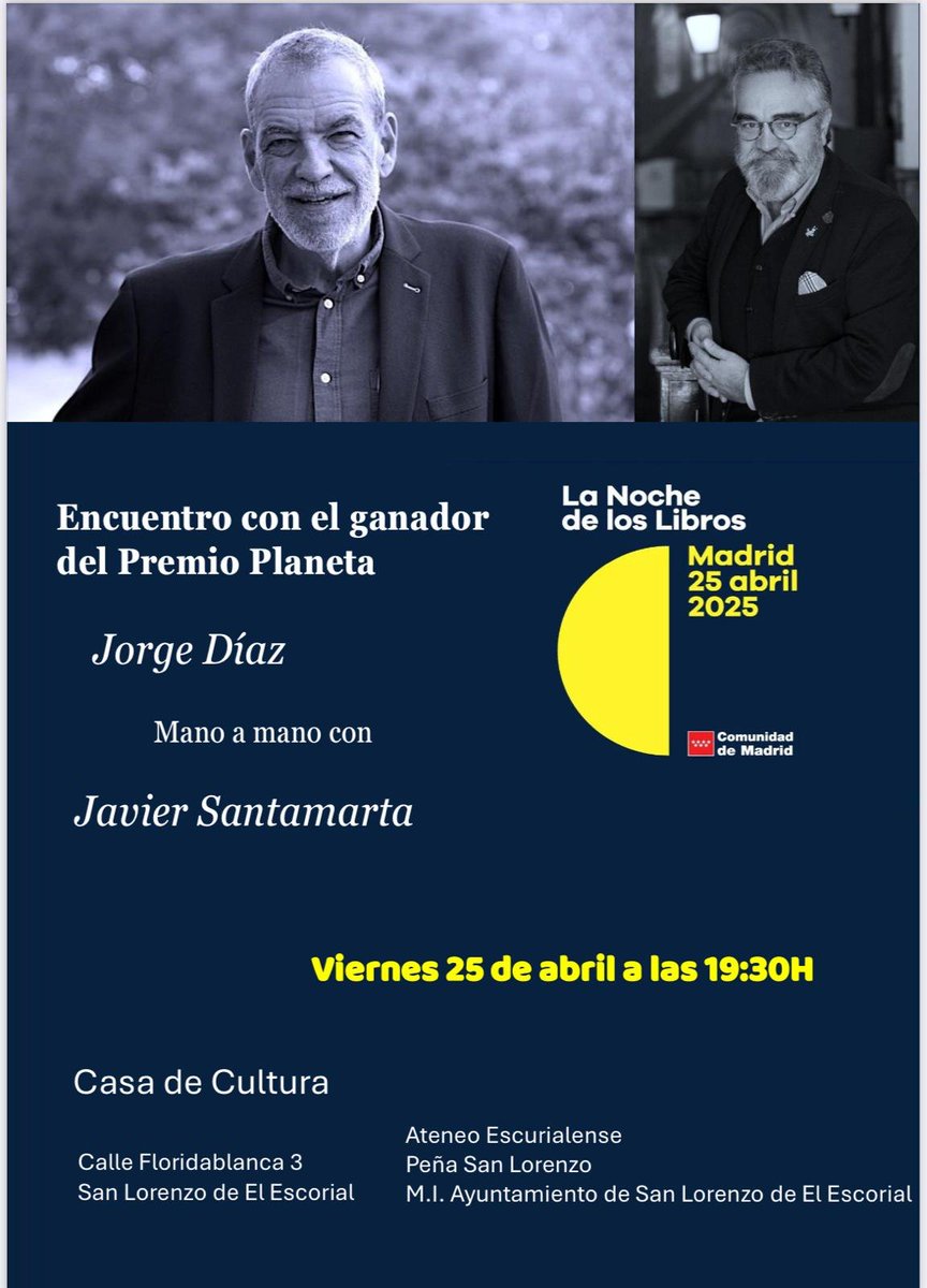 Javier Santamarta del Pozo (@javisantamarta) on Twitter photo El viernes 25 de abril es <a href="/lanochelibros/">LaNochedelosLibros</a>, y este año tendré el placer de presentar en San Lorenzo de El Escorial a uno de los CARMEN MOLA.
El escritor Jorge Díaz, que justo acaba de sacar su último libro en solitario: #ElEspía
¿Te animas a este planazo en un lugar tan especial? El viernes 25 de abril es <a href="/lanochelibros/">LaNochedelosLibros</a>, y este año tendré el placer de presentar en San Lorenzo de El Escorial a uno de los CARMEN MOLA.
El escritor Jorge Díaz, que justo acaba de sacar su último libro en solitario: #ElEspía
¿Te animas a este planazo en un lugar tan especial?