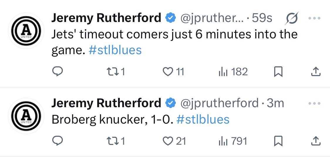 BluesJanitor's tweet photo. Not even halfway through the first and @jprutherford is already lost in the sauce. Love to see it. Look out, press row! #stlblues https://t.co/4Euk8EA3WR