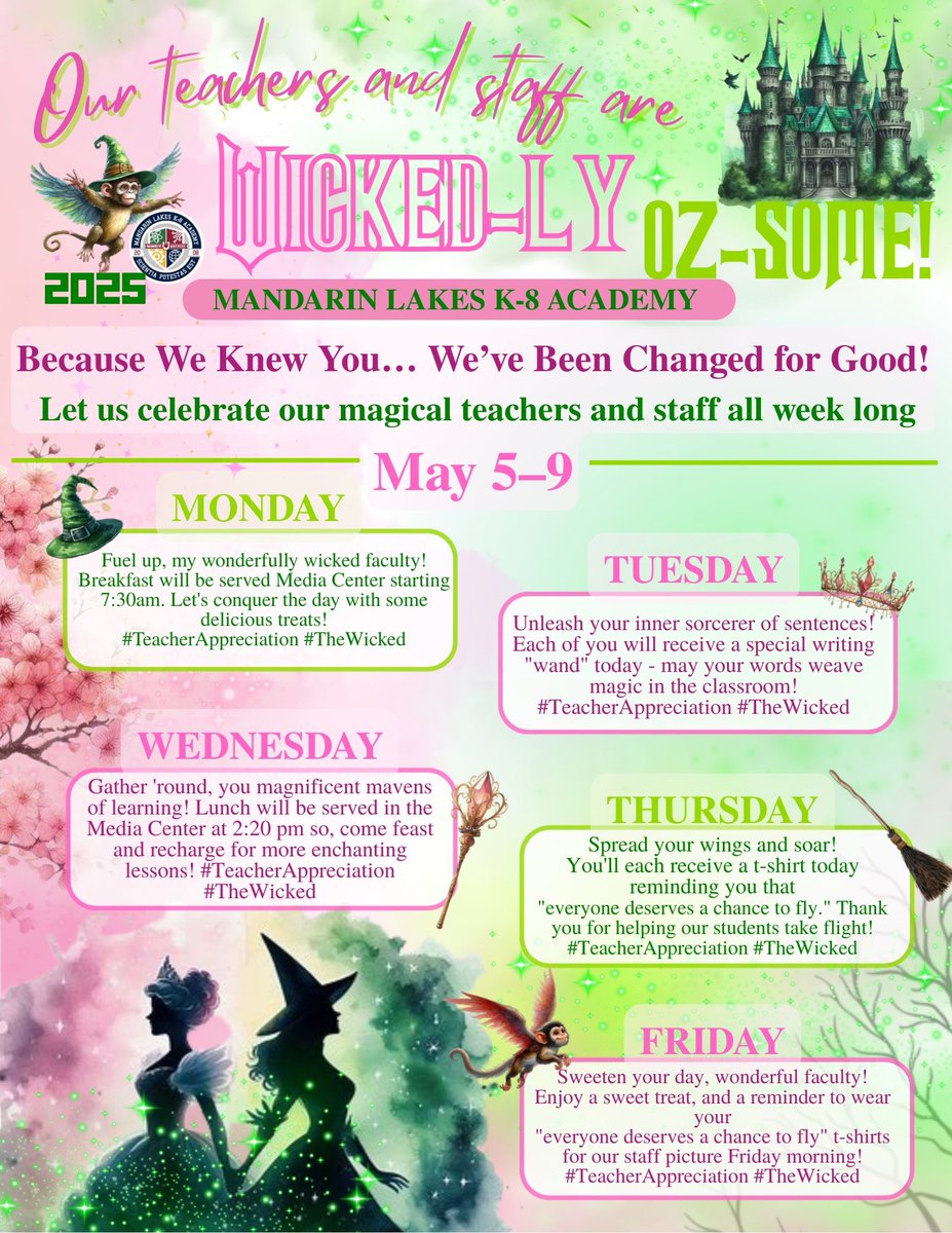 Mandarin Lakes K-8 (@mandarink8) on Twitter photo Our teachers are WICKEDLY AWESOME! Next week is Teacher Appreciation Week, and we’re pulling out all the stops to celebrate their incredible dedication. Get ready for some well-deserved recognition! #AwesomeTeachers #ThankYouTeachers <a href="/SuptDotres/">Jose L. Dotres, Ed.D.</a> <a href="/MDCPSSouth/">South Region Office</a> <a href="/calonaka/">Calondria E. Williams</a> <a href="/MDCPS/">Miami-Dade Schools</a> Our teachers are WICKEDLY AWESOME! Next week is Teacher Appreciation Week, and we’re pulling out all the stops to celebrate their incredible dedication. Get ready for some well-deserved recognition! #AwesomeTeachers #ThankYouTeachers <a href="/SuptDotres/">Jose L. Dotres, Ed.D.</a> <a href="/MDCPSSouth/">South Region Office</a> <a href="/calonaka/">Calondria E. Williams</a> <a href="/MDCPS/">Miami-Dade Schools</a>