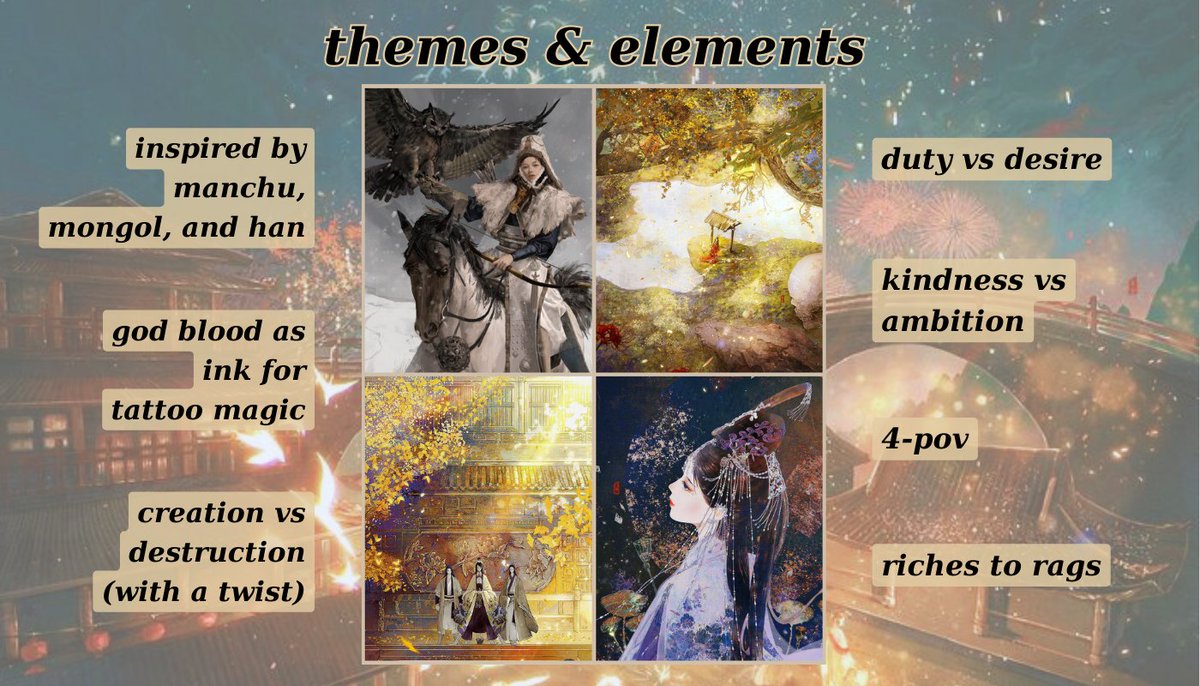 An #agentsguide to my adult imperial-Asia epic fantasy with tattoo magic, WHEN INK SWALLOWS THE SUN, featuring:
🪭An eldritch craving familial love
🏹A failing chosen one
🪭A saboteur of her own rebellion
🏹An heir w/ perfect life until the facade rips
#questpit #agentguide #F #W