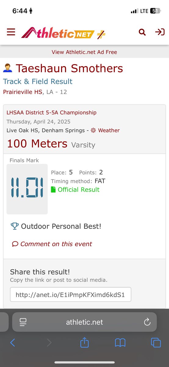 DaTsmothers's tweet image. Finished my Season 1st on my team, 5th in District in my 100m. Sadly Pulled my Hamstring during my 4x1 and didn’t get the chance to run my 200, or at regionals. Ran 11.01 laser time in 100m, 10.6 Hand time. and 22.2 in the 200m and 21.8 hand time, also Split 51 in the 400m.
