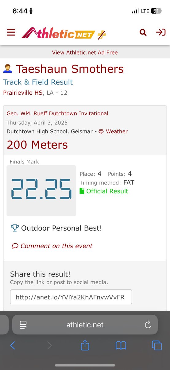 DaTsmothers's tweet image. Finished my Season 1st on my team, 5th in District in my 100m. Sadly Pulled my Hamstring during my 4x1 and didn’t get the chance to run my 200, or at regionals. Ran 11.01 laser time in 100m, 10.6 Hand time. and 22.2 in the 200m and 21.8 hand time, also Split 51 in the 400m.