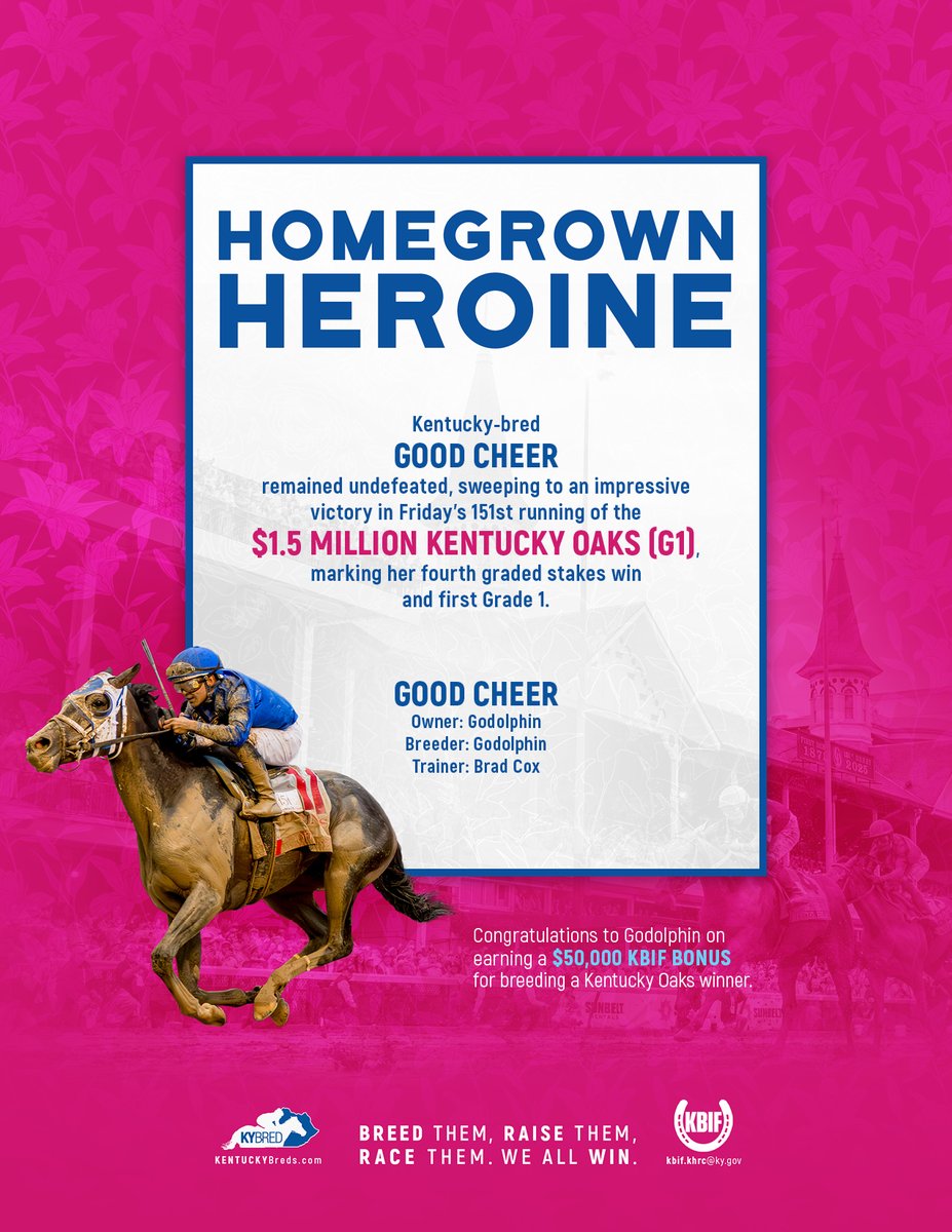 Kentucky's finest: Congratulations to the connections of undefeated Good Cheer, impressive winner of the 151st Kentucky Oaks (G1)! <a href="/godolphin/">Godolphin</a> <a href="/bradcoxracing/">Brad H. Cox Racing</a>