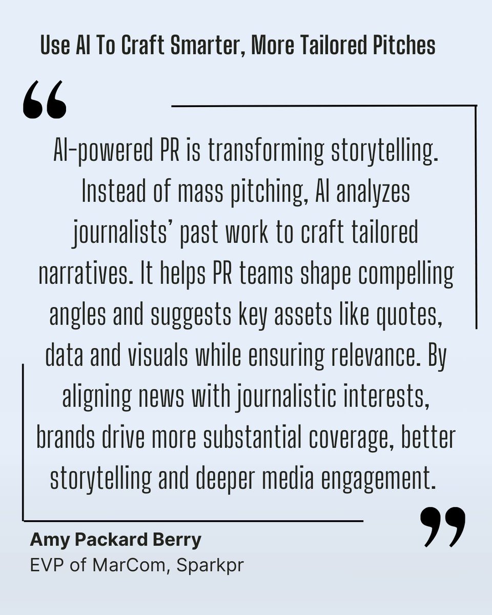 AI is transforming the pitch process.

In her latest <a href="/Forbes_Agency/">Forbes Agency Council</a> Council piece "How To Elevate PR Campaigns: 20 Creative Storytelling Ideas", <a href="/Packardae/">Amy Packard Berry</a> explains how AI helps PR teams craft personalized, data-backed pitches that align with journalists’ interests—leading to