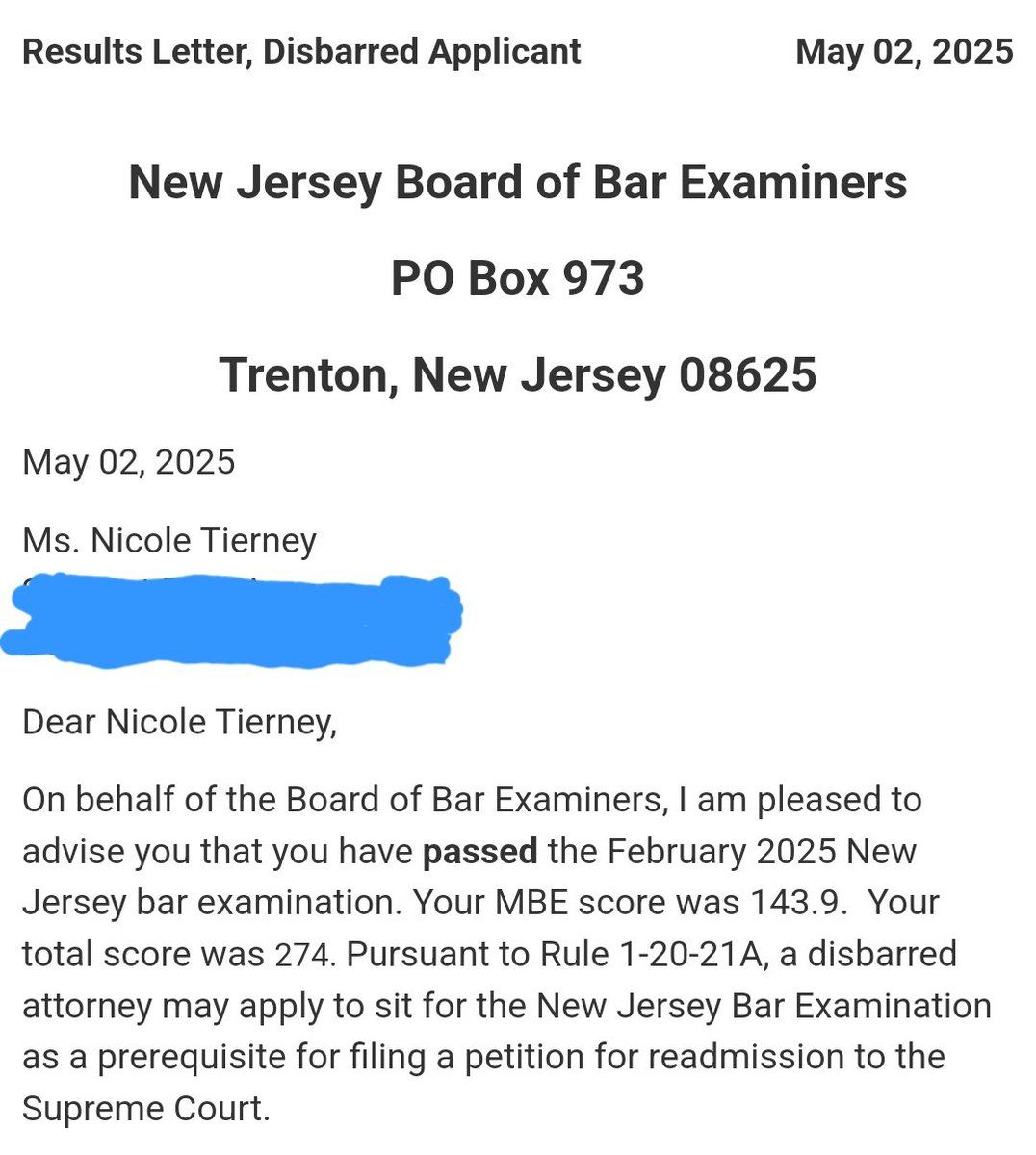 I passed the NJ Bar exam!!!!! The first step in hopefully being readmitted to practice law in NJ. I graduated &amp; first passed the bar in 1997, consented to disbarment in 2007 due to my opioid use disorder.  Nearly 20 years later, NJ created a path back from disbarment. I'm on it!