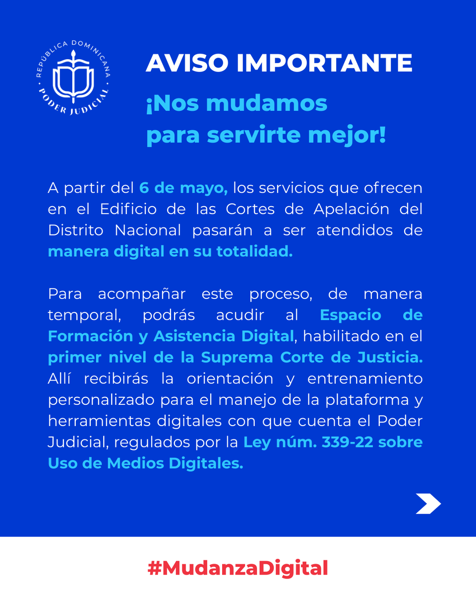 PoderJudicialRD's tweet photo. 📢 AVISO IMPORTANTE ¡Nos mudamos para servirte mejor!

#MudanzaDigital #JusticiaDigital https://t.co/MHBKeOjE3X