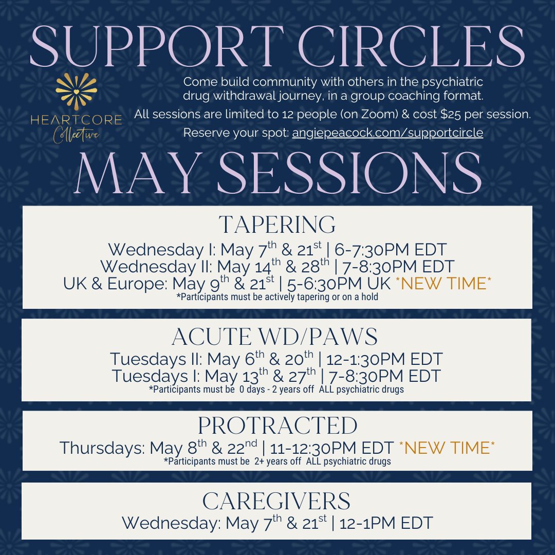 angpeacock1111's tweet photo. We have a support circle for every stage of your harm reduction, deprescribing, or healing journey and even one for caregivers too. To sign up, visit: https://t.co/TsRe0D9D4d 

#Deprescribing #BenzoWithdrawal #TaperingSupport #Healing #Anxiety #AntidpressantWithdrawal https://t.co/e9W1laEpiL