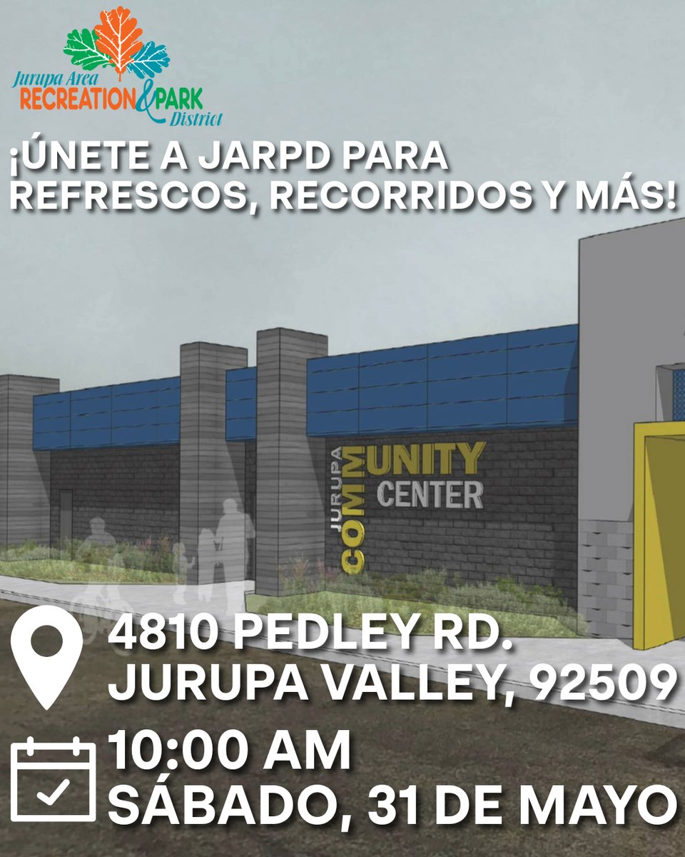 JARPD1984's tweet photo. Join the Jurupa Area Recreation &amp; Park District  for the Grand Re-opening of the Jurupa Community Center (4810 Pedley Rd, Jurupa Valley, 92509) on Saturday, May 31 at 10:00 AM! Enjoy refreshments, take a tour, and so much more! Questions? Email: info@jarpd.org #jarpd4fun https://t.co/IR9h1MV0AX