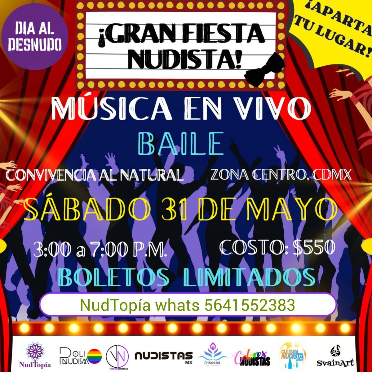 Nos quedan pocos lugares para la mega fiesta!! Esta gran convivencia Nudista con baile, juegos, musica en vivo. No se la pierdan 🥳
