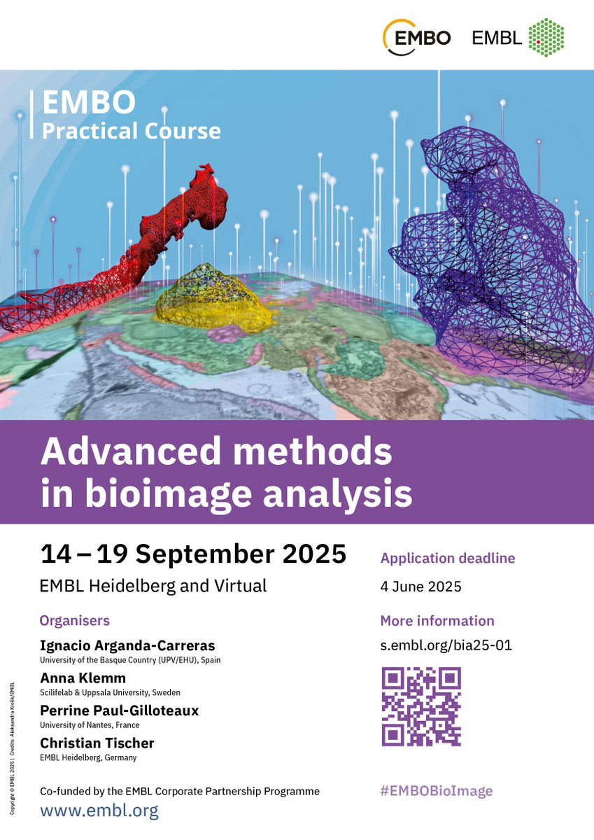 Cours avancé en analyse d'image labellisé <a href="/EMBO/">EMBO</a>, à l' <a href="/embl/">EMBL</a> en #Allemagne du 14 au 19 septembre 2025.

👉La date limite de candidature est fixée au 4 juin !

👉 Le programme et les modalités d'application sont disponibles sur ce site: s.embl.org/bia25-01