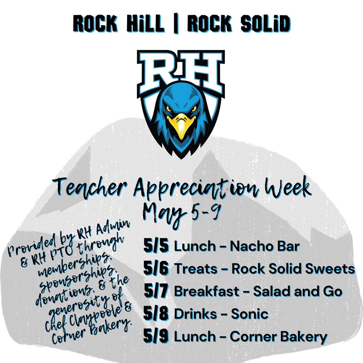 Huge shoutout to our incredible RH PTO for making Teacher Appreciation Week extra special! 🎉 From nachos to Sonic to Corner Bakery—y’all thought of everything. We’re grateful for your love, generosity, and planning! 💙🖤