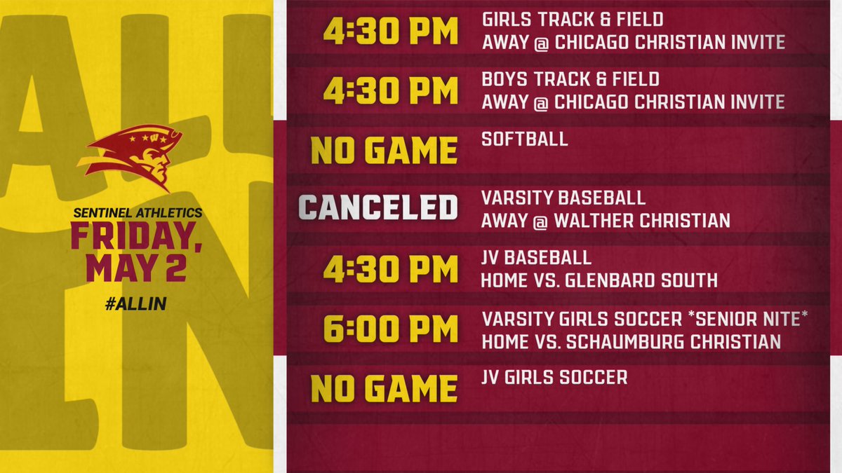 A busy afternoon for our Sentinel athletes! Track on the road, Soccer has their senior night tonight and JV baseball in action at home! Good luck Sentinels!

**Note: Tonight's varsity baseball game AWAY at Walther Christian has been canceled due to field conditions.