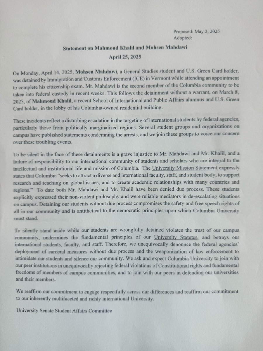 BREAKING: In sharp indictment of Columbia, the University Senate—comprising students, faculty and staff—adopts a statement on Mahmoud Khalil &amp; Mohsen Mahdawi demanding that Columbia unequivocally reject "federal violations of Constitutional rights". Statement here. <a href="/DropSiteNews/">Drop Site</a>
