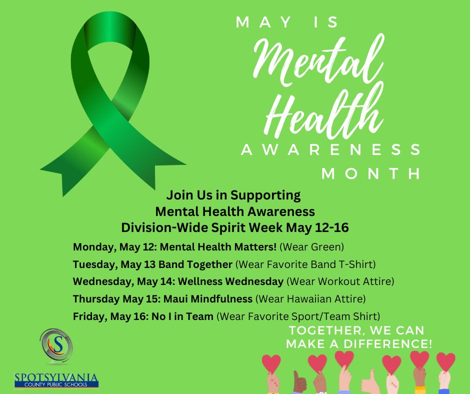 Help build awareness about the importance of mental health. Join us in our division-wide Spirit Week May 12-16! Learn more about mental health resources at samhsa.gov/find-help.  #wearespotsy