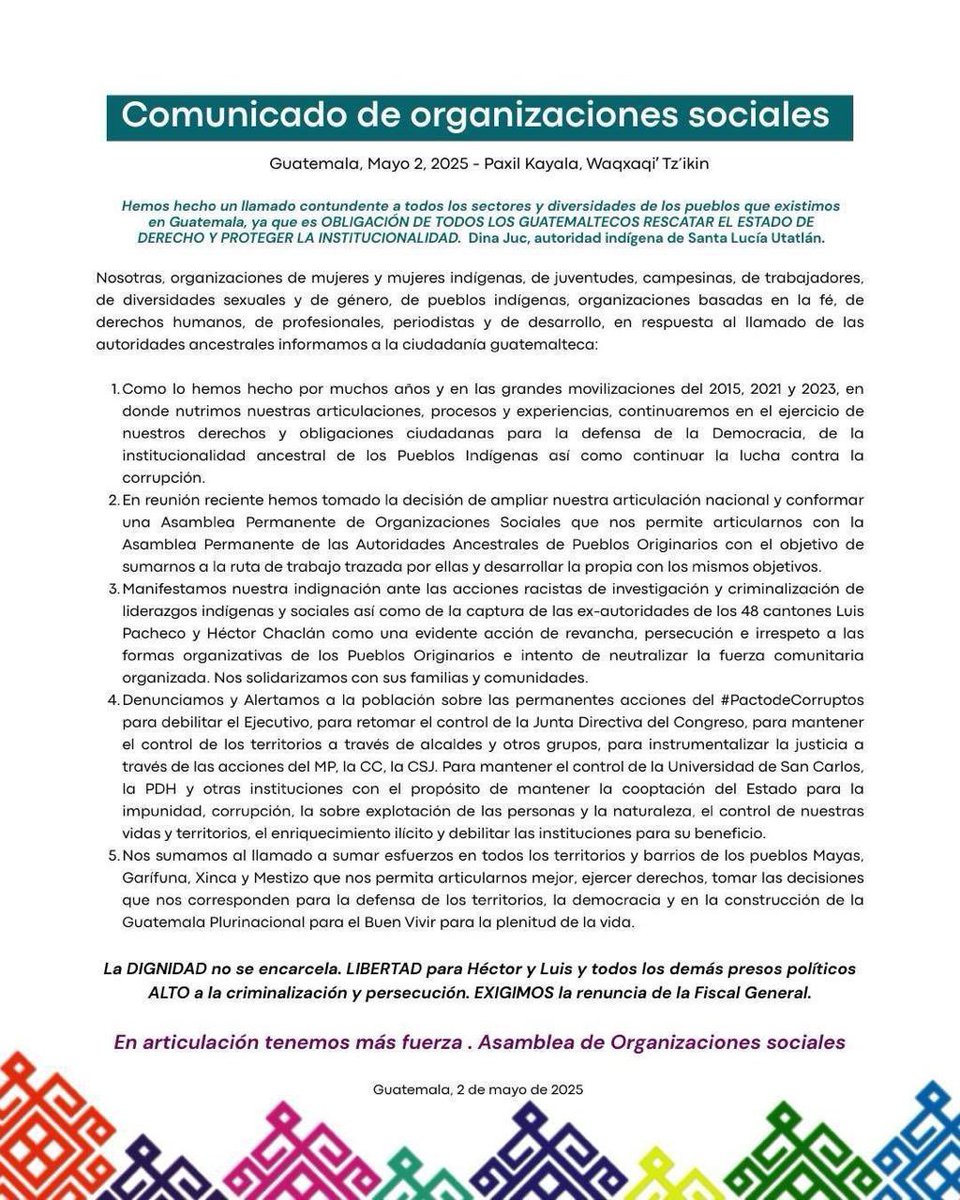 Alianza por las Reformas (@alianzargt) on Twitter photo Nos sumamos al llamado de las organizaciones sociales para la liberación de Luis Pacheco y Héctor Chaclán, exdirectivos de los <a href="/48_CantonesToto/">48 Cantones Oficial</a>
Expresamos nuestro total respaldo a las Autoridades Indígenas y condenamos las acciones arbitrarias del MP.
#ManifestarNoEsDelito Nos sumamos al llamado de las organizaciones sociales para la liberación de Luis Pacheco y Héctor Chaclán, exdirectivos de los <a href="/48_CantonesToto/">48 Cantones Oficial</a>
Expresamos nuestro total respaldo a las Autoridades Indígenas y condenamos las acciones arbitrarias del MP.
#ManifestarNoEsDelito