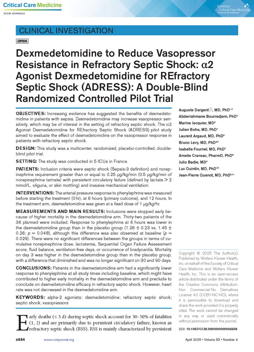 🔍The α2 Agonist Dexmedetomidine for REfractory Septic Shock (ADRESS) pilot study aimed to evaluate the effect of dexmedetomidine on the vasopressor response in patients with refractory septic shock.

➡️ Read the research in CCM: bit.ly/4jvDviW

#SCCM #CritCareMed <a href="/SCCM/">SCCM</a>