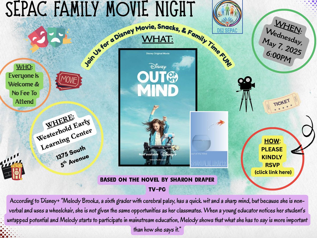 D62's SEPAC (Special Education Parent Advisory Council) is hosting a free movie night! Everyone is welcome to come to the Early Learning Center on Wednesday, May 7 to watch the Disney movie "Out of My Mind!" Click here to RSVP: ow.ly/XWls50VHlUC #62learns #62united