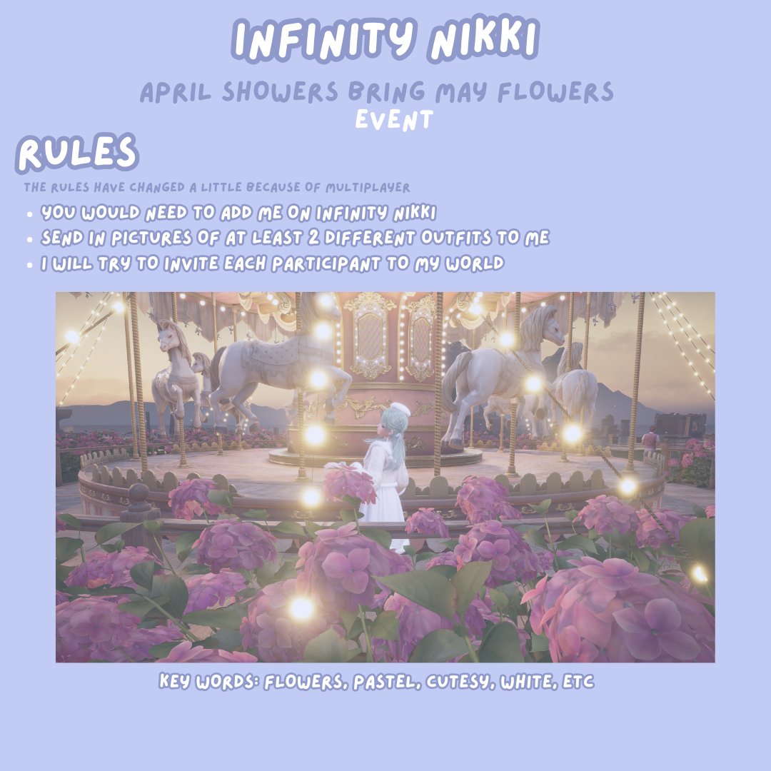 Our Infinity Nikki Event is back!!🌺

The theme for this fashion show is: April Showers Bring May Flowers

Join my discord for more rules

Pls repost this to all our fellow infinity nikki fanatics 
discord.gg/XeUKbN6YtA

More info in the thread 🧵