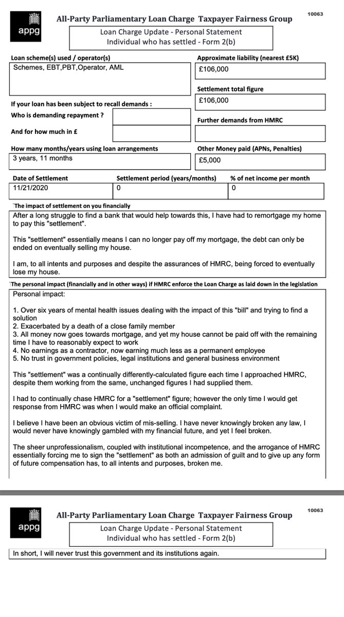 After a long struggle and remortgaging my home to pay the settlement, I can no longer pay off my mortgage, essentially being forced towards losing my house...I feel broken, having never knowingly broken any law...

<a href="/LCAG_2019/">Loan Charge Action Group [LCAG]</a> 
<a href="/loanchargeAPPG/">Loan Charge & Taxpayer Fairness APPG</a> 
#LoanChargeScandal