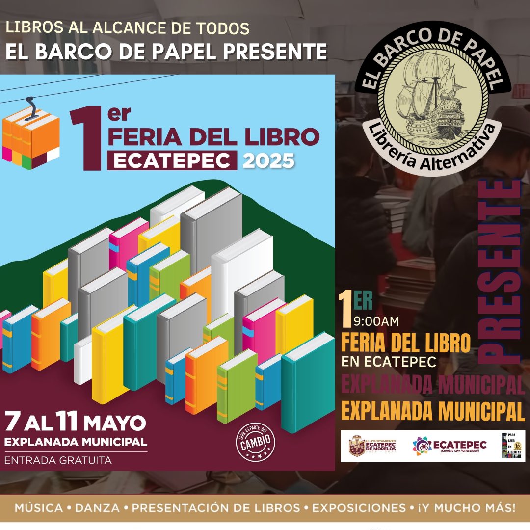 ¡Atención gente hermosa de Ecatepunk!
El Barco llega a la explanada del Palacio municipal con sus megapromos a la 1er feria del libro Ecatepec 2025
Estaremos del miércoles 7 al domingo 11 de Mayo
¡L@s esperamos!

#ElBarcoDePapel #FeriaEcatepec2025 #Ecatepec #Libros #explanada