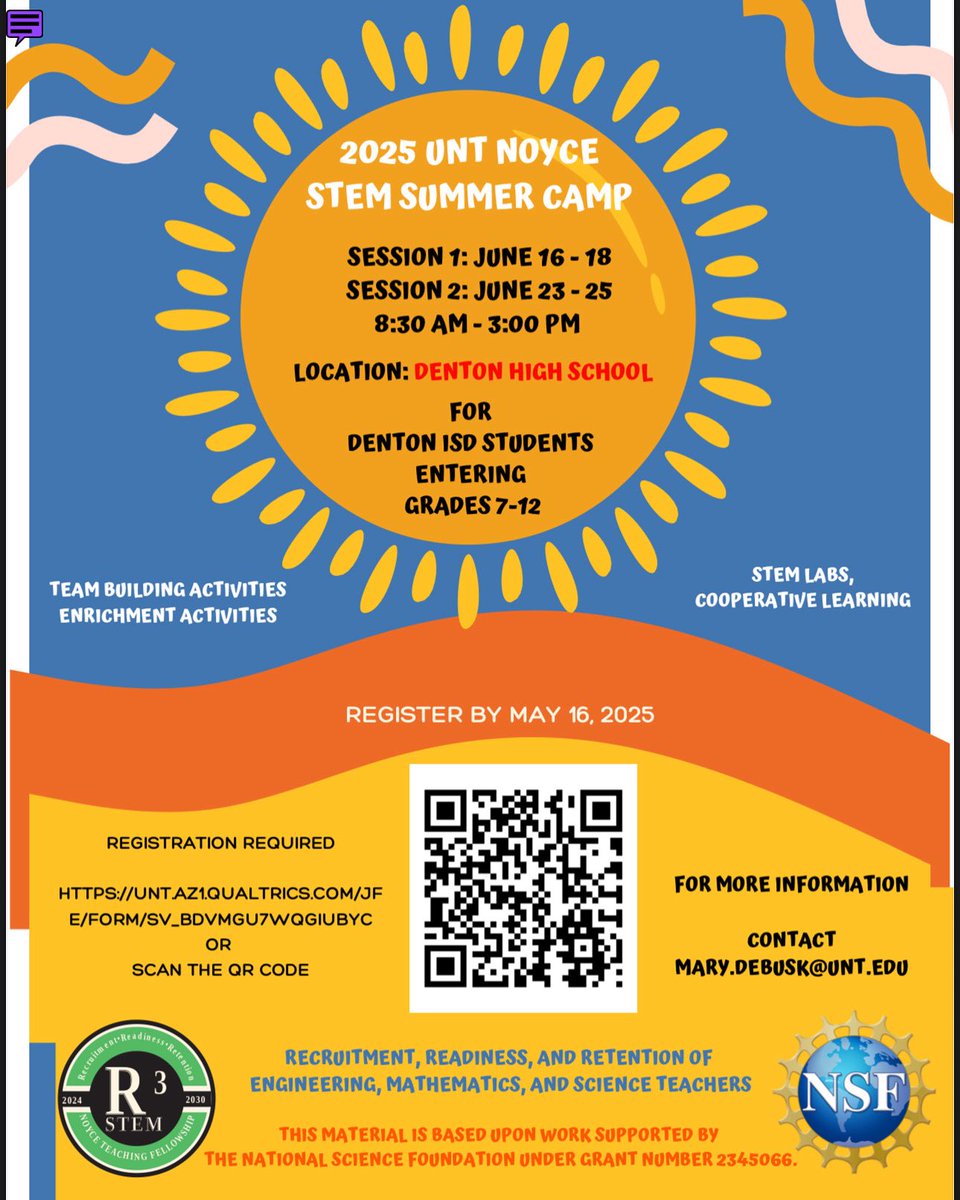 🚨 STEM Camp just got BIGGER!
The UNT Noyce STEM Camp is now open to ALL students entering grades 7–12!
🧪 Hands-on labs
🧠 STEM challenges
🎓 Career talks
📍 Denton HS
🗓️ June 16–18 or 23–25 | ⏰ 8:30–3
🔗 Register by May 16: tinyurl.com/unt-noyce-summ…