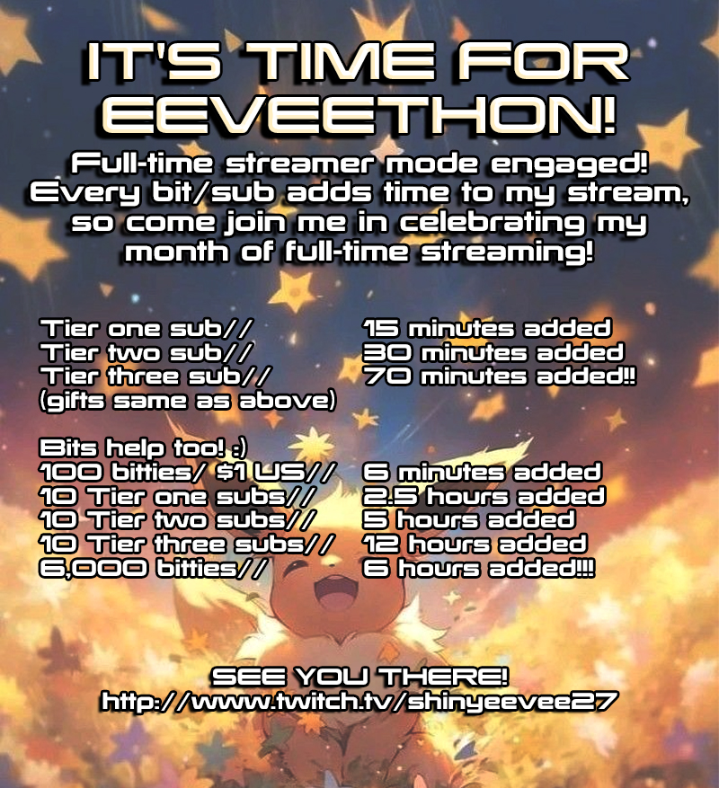 ShinyEevee27's tweet image. Come on over! Rewards unlock with bits, subs and donos throughout the month!
#twitch #fulltimestreamer #twitchevent #embervale #pokemoncommunitygame