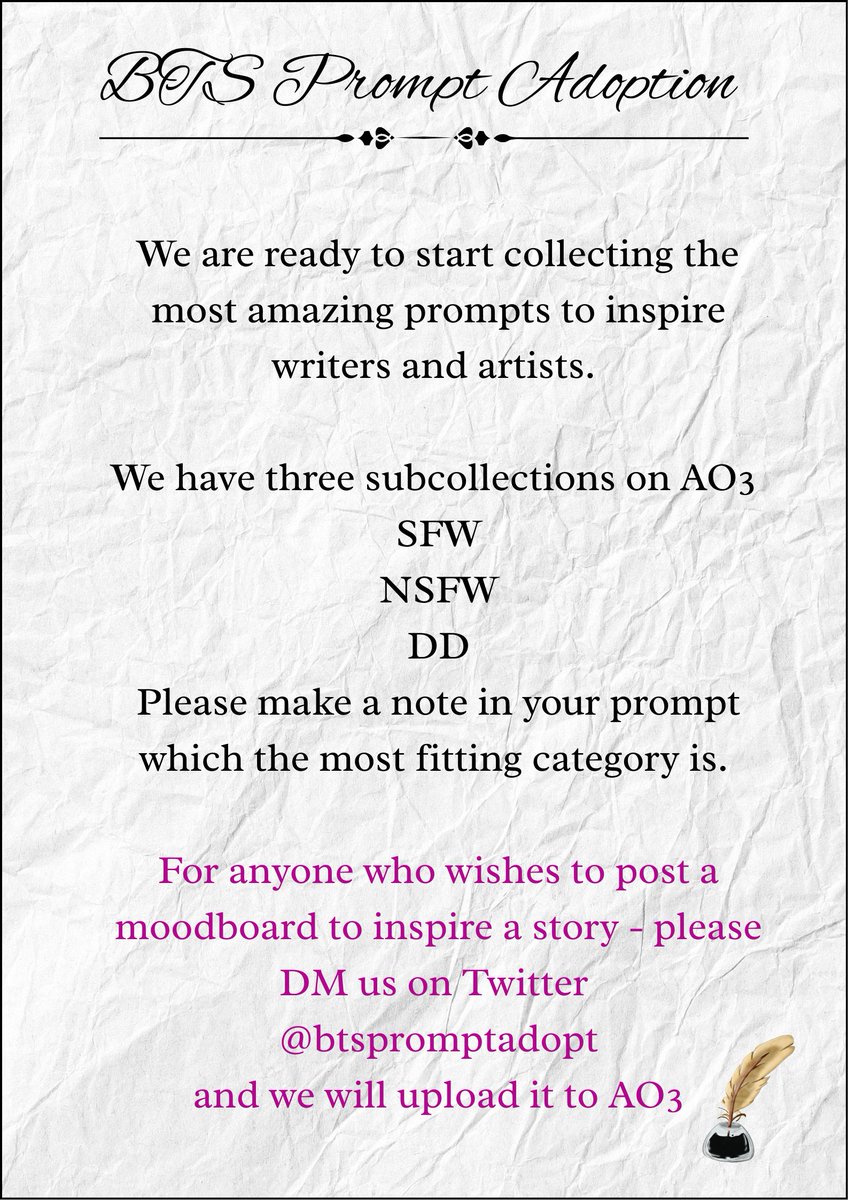 btspromptadopt's tweet image. ‼️ We are ready to start collecting prompts ‼️

Please post your prompts here on Twitter or on AO3 
archiveofourown.org/collections/BT…