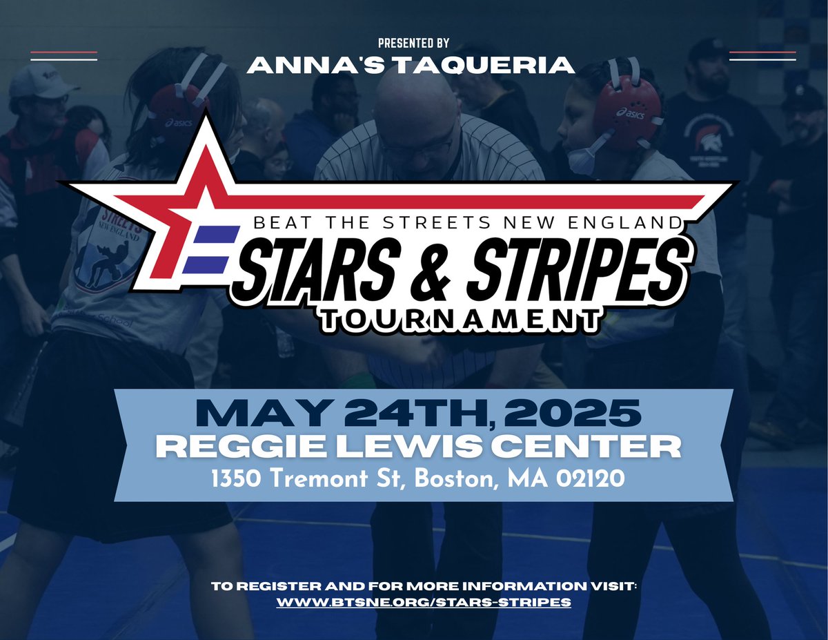 Beat the Streets New England (@btsnewengland) on Twitter photo We're less than a month away from the #BTSNE Starts and Stripes Tournament
There will be 4 wrestling divisions along with a high school team duals division for athletes of all ages to compete in! To register or more info visit btsne.org/stars-stripes or email brett@btsne.org We're less than a month away from the #BTSNE Starts and Stripes Tournament
There will be 4 wrestling divisions along with a high school team duals division for athletes of all ages to compete in! To register or more info visit btsne.org/stars-stripes or email brett@btsne.org