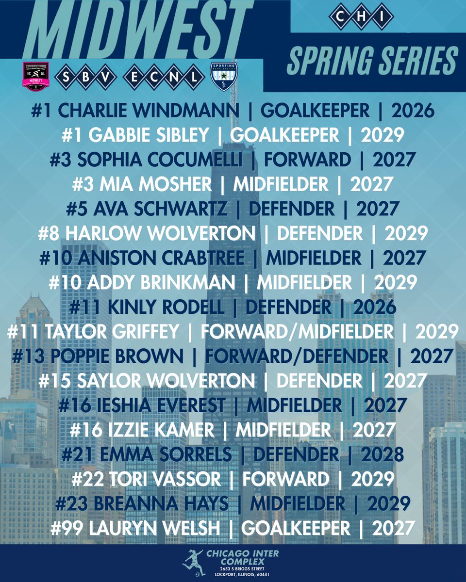 Sporting BV 09 ECNL (@sbv09_ecnl) on Twitter photo 💠Our Chicago squad💠
<a href="/SBV_ECNL/">Sporting Blue Valley ECNL</a> <a href="/sbv07/">Sporting Blue Valley ECNL 06/07</a> <a href="/blue_ecnl/">Sporting Blue Valley ECNL 08</a> <a href="/sbvecnl2010/">SBV ECNL 2010</a> <a href="/ImYouthSoccer/">ECNL/GA/Recruiting/College Soccer</a> <a href="/ImCollegeSoccer/">College Soccer Truth ™</a> <a href="/PrepSoccer/">Prep Soccer ⚽️</a> <a href="/TopDrawerSoccer/">TopDrawerSoccer</a> <a href="/TheSoccerWire/">SoccerWire</a> <a href="/AddyBrinkman/">Addy Brinkman</a> <a href="/AnistonCrabtree/">Aniston Crabtree</a> <a href="/ava_schwartz5/">Ava Schwartz</a> <a href="/BreannaHays2029/">Breanna Hays</a> <a href="/CharlieWindmann/">CharlieWindmann</a> <a href="/emma_sorrels21/">Emma Sorrels</a> <a href="/HarlowWolverton/">Harlow wolverton</a> <a href="/IeshiaEverest/">Ieshia Everest</a> <a href="/Izziedk16/">Izzie Dycoco Kamer</a> 💠Our Chicago squad💠
<a href="/SBV_ECNL/">Sporting Blue Valley ECNL</a> <a href="/sbv07/">Sporting Blue Valley ECNL 06/07</a> <a href="/blue_ecnl/">Sporting Blue Valley ECNL 08</a> <a href="/sbvecnl2010/">SBV ECNL 2010</a> <a href="/ImYouthSoccer/">ECNL/GA/Recruiting/College Soccer</a> <a href="/ImCollegeSoccer/">College Soccer Truth ™</a> <a href="/PrepSoccer/">Prep Soccer ⚽️</a> <a href="/TopDrawerSoccer/">TopDrawerSoccer</a> <a href="/TheSoccerWire/">SoccerWire</a> <a href="/AddyBrinkman/">Addy Brinkman</a> <a href="/AnistonCrabtree/">Aniston Crabtree</a> <a href="/ava_schwartz5/">Ava Schwartz</a> <a href="/BreannaHays2029/">Breanna Hays</a> <a href="/CharlieWindmann/">CharlieWindmann</a> <a href="/emma_sorrels21/">Emma Sorrels</a> <a href="/HarlowWolverton/">Harlow wolverton</a> <a href="/IeshiaEverest/">Ieshia Everest</a> <a href="/Izziedk16/">Izzie Dycoco Kamer</a>