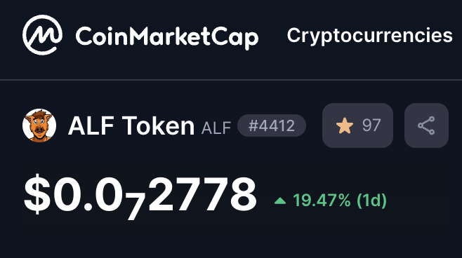 $ALF is about to hit 100 CMC watchlist👀

Not in the top 1000 yet, but we’re getting better every day! 🌟

#ALFToken