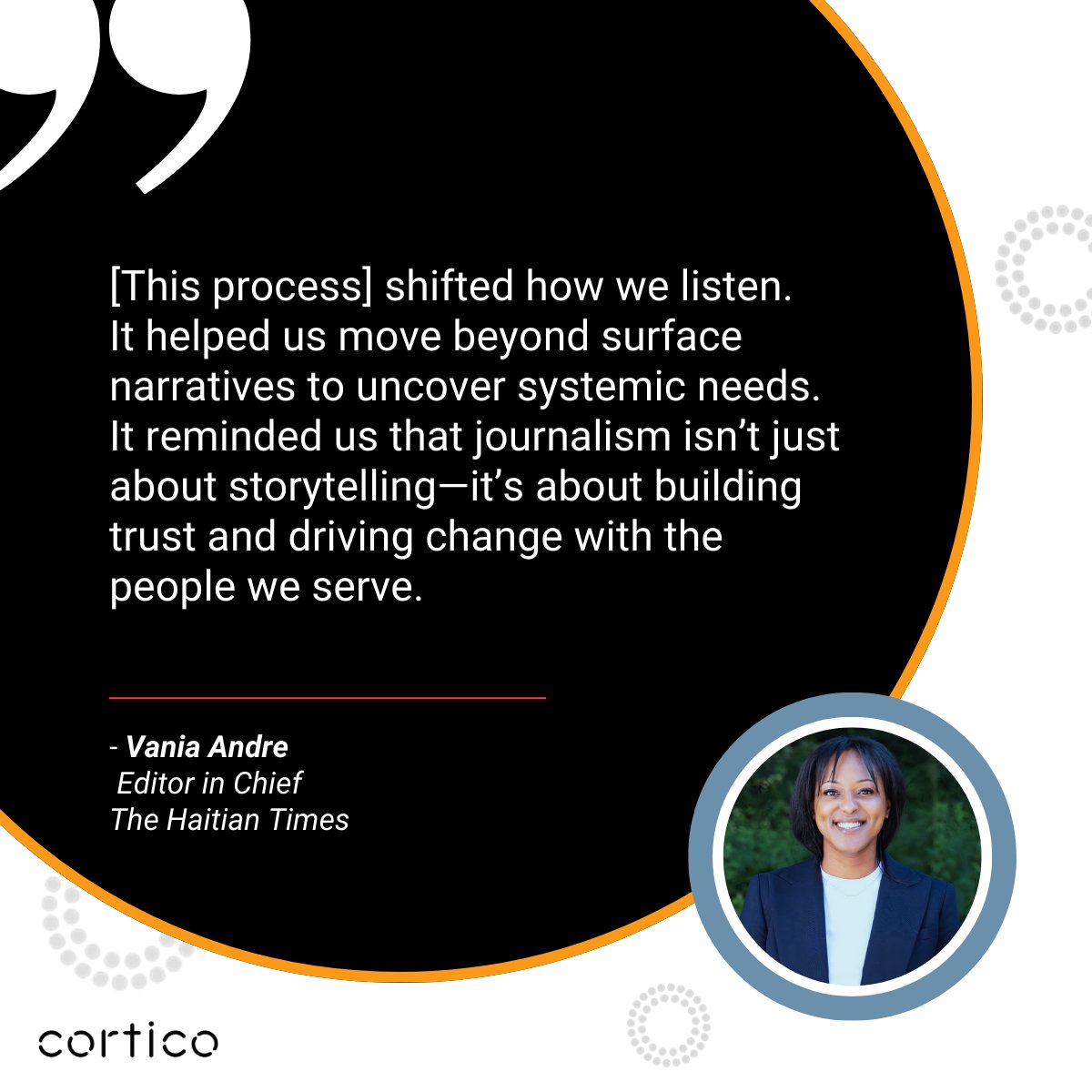 Cortico (@cortico) on Twitter photo Journalism, at its best, listens deeply.
<a href="/HaitianTimes_/">Haitian Times</a> used our process to uncover stories that go beyond the headlinesâand build trust in the process.
Explore the conversation portal now!
haitiandiasporavoices.portal.fora.io Journalism, at its best, listens deeply.
<a href="/HaitianTimes_/">Haitian Times</a> used our process to uncover stories that go beyond the headlinesâand build trust in the process.
Explore the conversation portal now!
haitiandiasporavoices.portal.fora.io