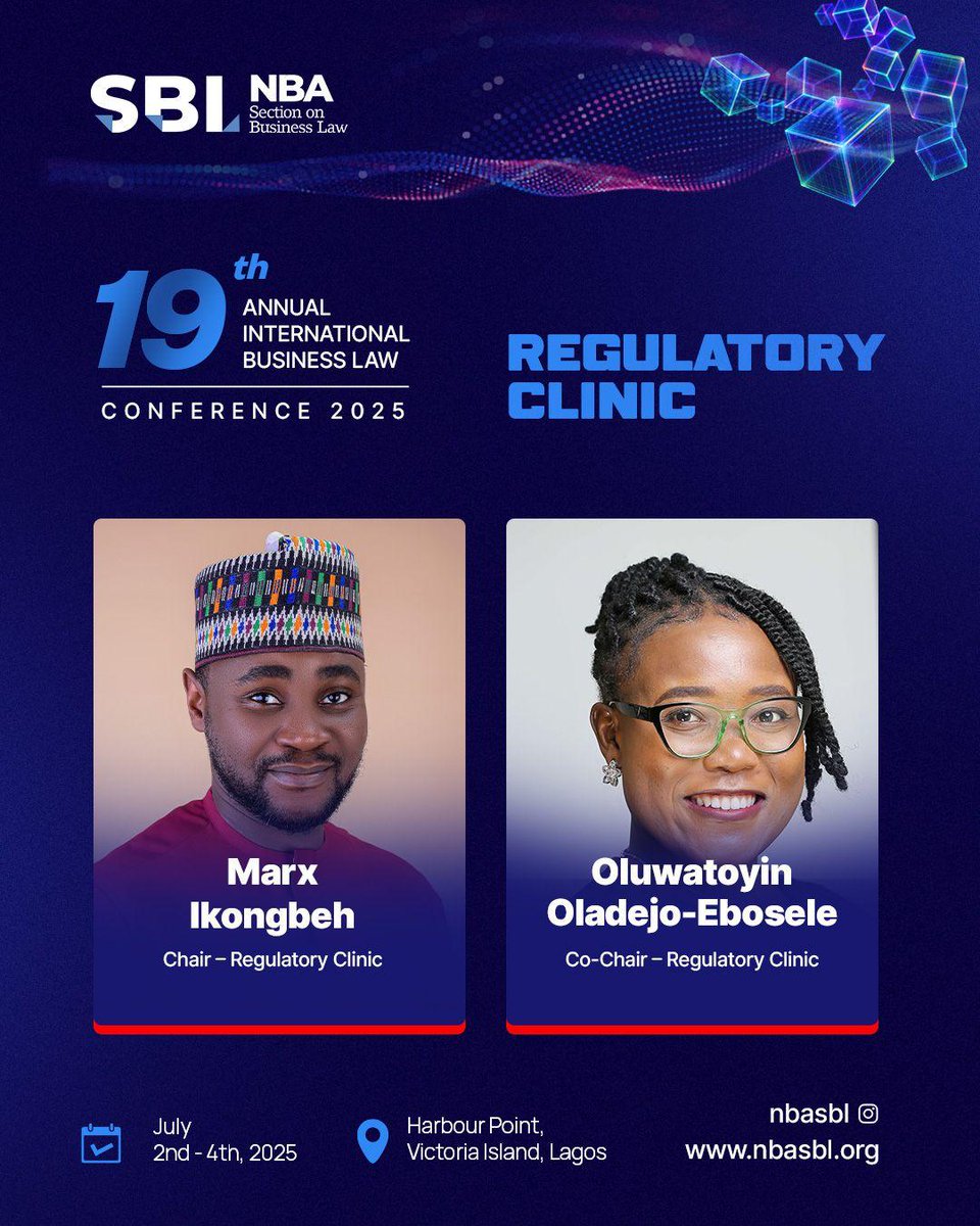 nbasblofficial's tweet photo. Introducing the 2025 NBA-SBL Conference Planning Committee (CPC) Regulatory Clinic Leadership!

We are delighted to introduce the exceptional leaders overseeing the Regulatory Clinic for this significant event.

Meet Marx Ikongbeh, MCIArb, Chair of the Regulatory Clinic for the Conference Planning Committee. Marx’s deep expertise and leadership will ensure the Regulatory Clinic delivers valuable insights and practical solutions for attendees.

Supporting him is Oluwatoyin A. Oladejo-Ebosele, Co-Chair of the Regulatory Clinic for the Conference Planning Committee. Oluwatoyin’s dedication and knowledge will contribute to a highly impactful and informative session.

Join us for an outstanding event from July 2nd - 4th, 2025, at Harbour Point, Victoria Island, Lagos. Expect thought-provoking discussions, meaningful networking, and innovative ideas as we shape the future of business law together!

Stay tuned for more updates.  
Follow us: @nbasbl  
Visit: https://t.co/ursxc3fk8L  

#NBASBL2025 #SBLConference2025 #BusinessLaw #ConferenceLeadership #NBASBL