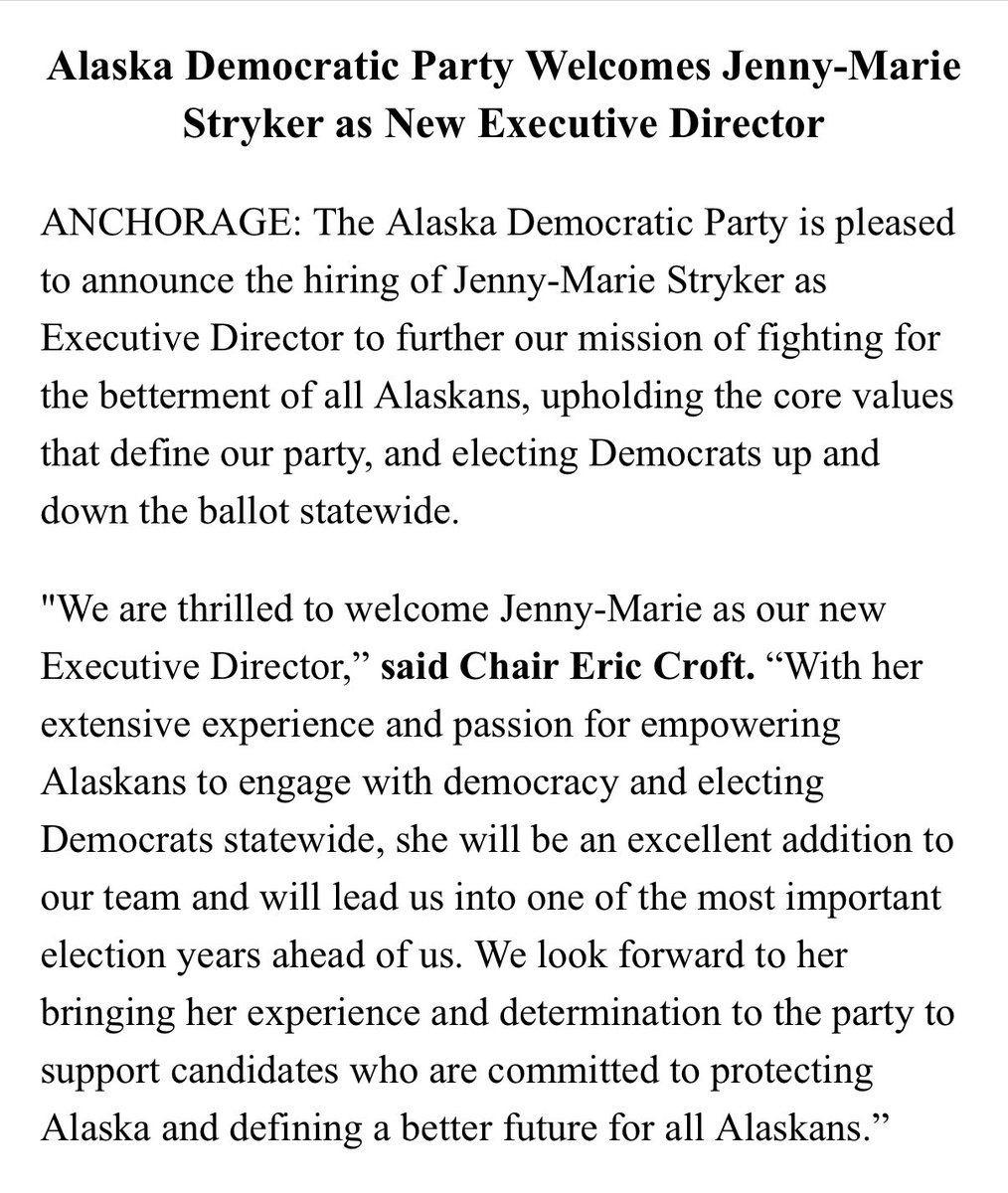 alaskalandmine's tweet photo. Daaaang! Jenny-Marie Stryker is the new executive director of @TheAlaskaDems. #akleg https://t.co/558WKbe98M