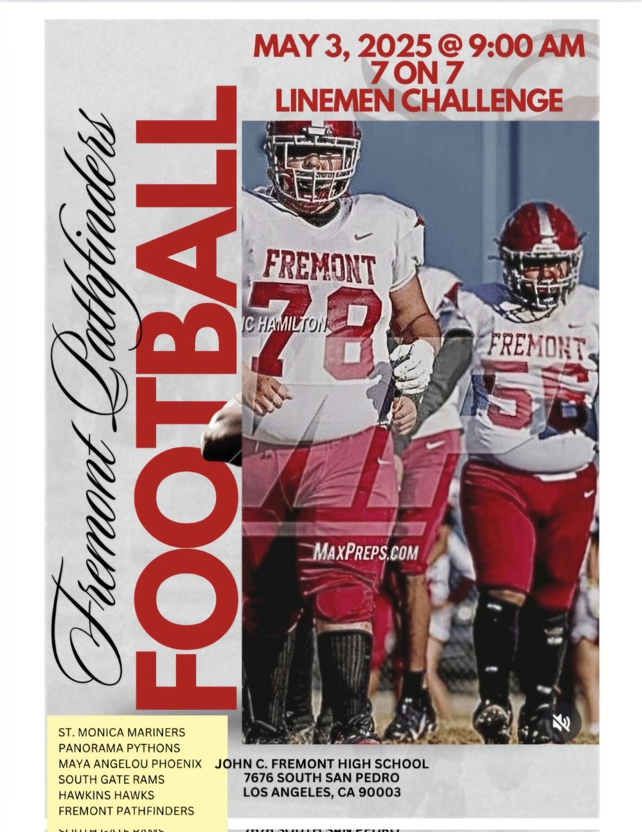 Fremont 2025 Varsity Football (@fremont2025fb) on Twitter photo Fremont Pathfinder Varsity Football hosting another 7on7 and linemen challenges <a href="/2BEENTHAT_/">LLSB💔</a> <a href="/latsondheimer/">eric sondheimer</a> <a href="/Amandtastic/">Amanda Scurlock</a> <a href="/CoachNolanGivan/">Nolan Givan</a> <a href="/JabrilFrazier/">Jabril Frazier</a> <a href="/CoachFin_/">James Finley</a> <a href="/Matty_AhYou/">Matty Ah You</a> <a href="/michaelJreed4/">LASC COUGARS</a> <a href="/TKJay15/">TK Jay</a> <a href="/LACitySection/">City Section News</a> <a href="/BrothaCraig/">Craig Robbins</a> <a href="/CoachGCasteel/">Coach Casteel</a> <a href="/CoachMcMurray5/">Brett McMurray</a> <a href="/glindheim3232/">Gifford Lindheim</a> Fremont Pathfinder Varsity Football hosting another 7on7 and linemen challenges <a href="/2BEENTHAT_/">LLSB💔</a> <a href="/latsondheimer/">eric sondheimer</a> <a href="/Amandtastic/">Amanda Scurlock</a> <a href="/CoachNolanGivan/">Nolan Givan</a> <a href="/JabrilFrazier/">Jabril Frazier</a> <a href="/CoachFin_/">James Finley</a> <a href="/Matty_AhYou/">Matty Ah You</a> <a href="/michaelJreed4/">LASC COUGARS</a> <a href="/TKJay15/">TK Jay</a> <a href="/LACitySection/">City Section News</a> <a href="/BrothaCraig/">Craig Robbins</a> <a href="/CoachGCasteel/">Coach Casteel</a> <a href="/CoachMcMurray5/">Brett McMurray</a> <a href="/glindheim3232/">Gifford Lindheim</a>