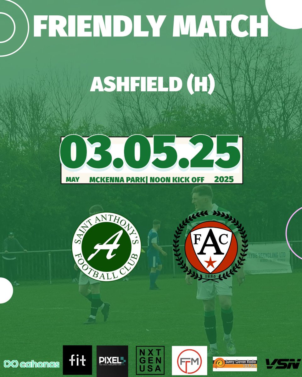 Saint Anthony's FC (@saintanthonysfc) on Twitter photo With no league game tomorrow we have a midday friendly scheduled at McKenna Park against our good friends <a href="/OurAshfield/">Ashfield F&AC</a>. With no league game tomorrow we have a midday friendly scheduled at McKenna Park against our good friends <a href="/OurAshfield/">Ashfield F&AC</a>.