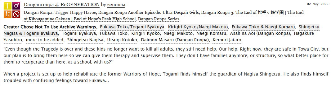 zenonaaa's tweet image. #togafuka fic 💜💚 SFW  (for now? idk) 

Multichapter! When a project is set up to help rehabilitate the former Warriors of Hope, Togami finds himself the guardian of Nagisa Shingetsu.  

AO3: archiveofourown.org/works/64937485…
Tumblr: zenonaa.tumblr.com/post/782464573…