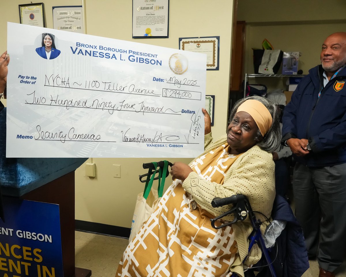 Today, we joined Assembly Member Landon Dais, Council Member Althea Stevens, Release the Grip, Bronx Connect, and public housing leaders to proudly present a $294,000 check to support security enhancements at NYCHA’s Teller Avenue-166th Street/Claremont Consolidated development.