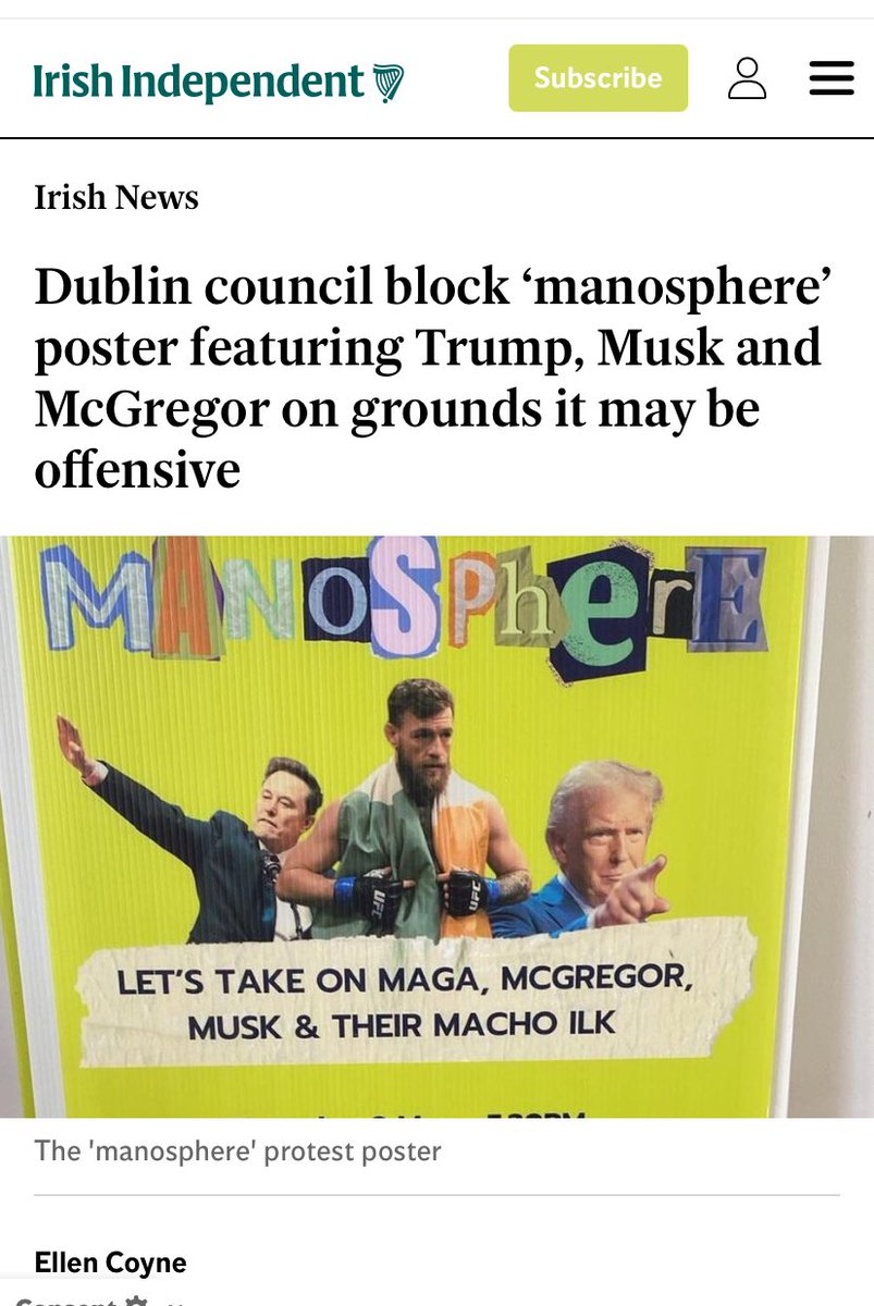 Ruth Coppinger (@ruthcoppingersp) on Twitter photo <a href="/DubCityCouncil/">Dublin City Council</a> block ‘manosphere’ poster featuring Trump, Musk, McGregor as ‘offensive’. Ruth Coppinger, socialist TD affiliated with ROSA, said this was “unbelievable censorship" & restriction on the right to organise protests in the capital. Join the <a href="/RosaSocFem/">ROSA - Socialist Feminist Movement</a> protest. <a href="/DubCityCouncil/">Dublin City Council</a> block ‘manosphere’ poster featuring Trump, Musk, McGregor as ‘offensive’. Ruth Coppinger, socialist TD affiliated with ROSA, said this was “unbelievable censorship" & restriction on the right to organise protests in the capital. Join the <a href="/RosaSocFem/">ROSA - Socialist Feminist Movement</a> protest.