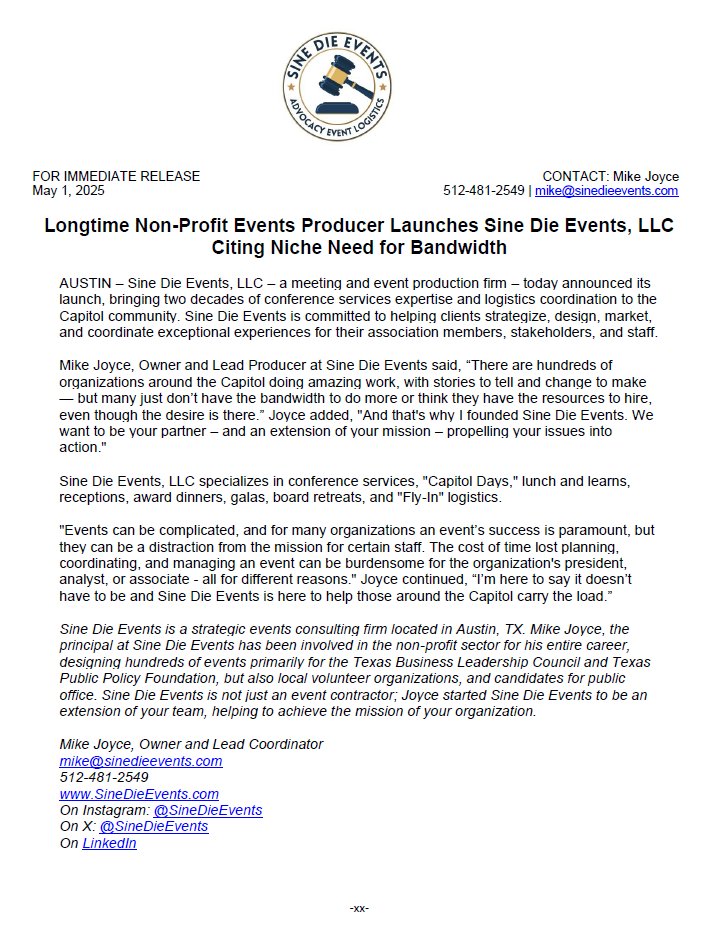 SineDieEvents's tweet photo. Sine Die Events officially opens for business! For more info on how we can help those around the #txlege community check out https://t.co/He44j1t0zg. https://t.co/iSINe00oyR