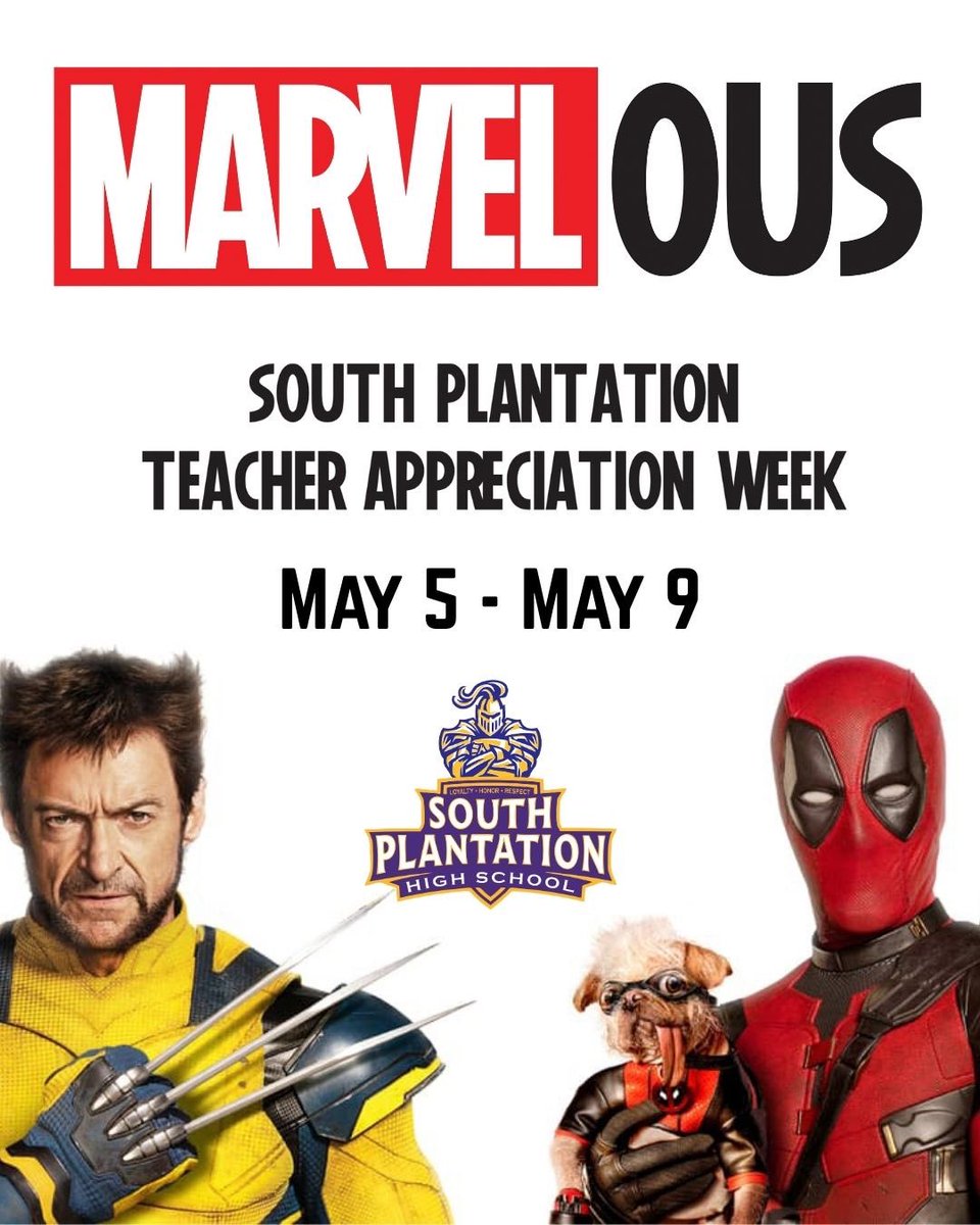 Ricardo Marino (@rfmarino) on Twitter photo MARVELous Teacher Appreciation Week at South.
Get ready!
<a href="/AlexWoodRies/">Alexandra Ries</a> #southplantation #marvelous #Marvel MARVELous Teacher Appreciation Week at South.
Get ready!
<a href="/AlexWoodRies/">Alexandra Ries</a> #southplantation #marvelous #Marvel