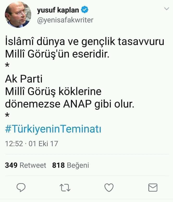 Yusuf Yusuf etmeye başladılar.
Dinini bilen insanlar Faiz ve zina gibi konular sebebiyle AKP'den kopmaya başladığını görünce, Münafıkça bir tavırla Milli Görüş çizgisine dön çağrısı yapıyorlar.
Aslında yusufta şunu gavur gibi biliyor; ABD'nin kurduğu akp hiç Milli Görüşçü olmadı.