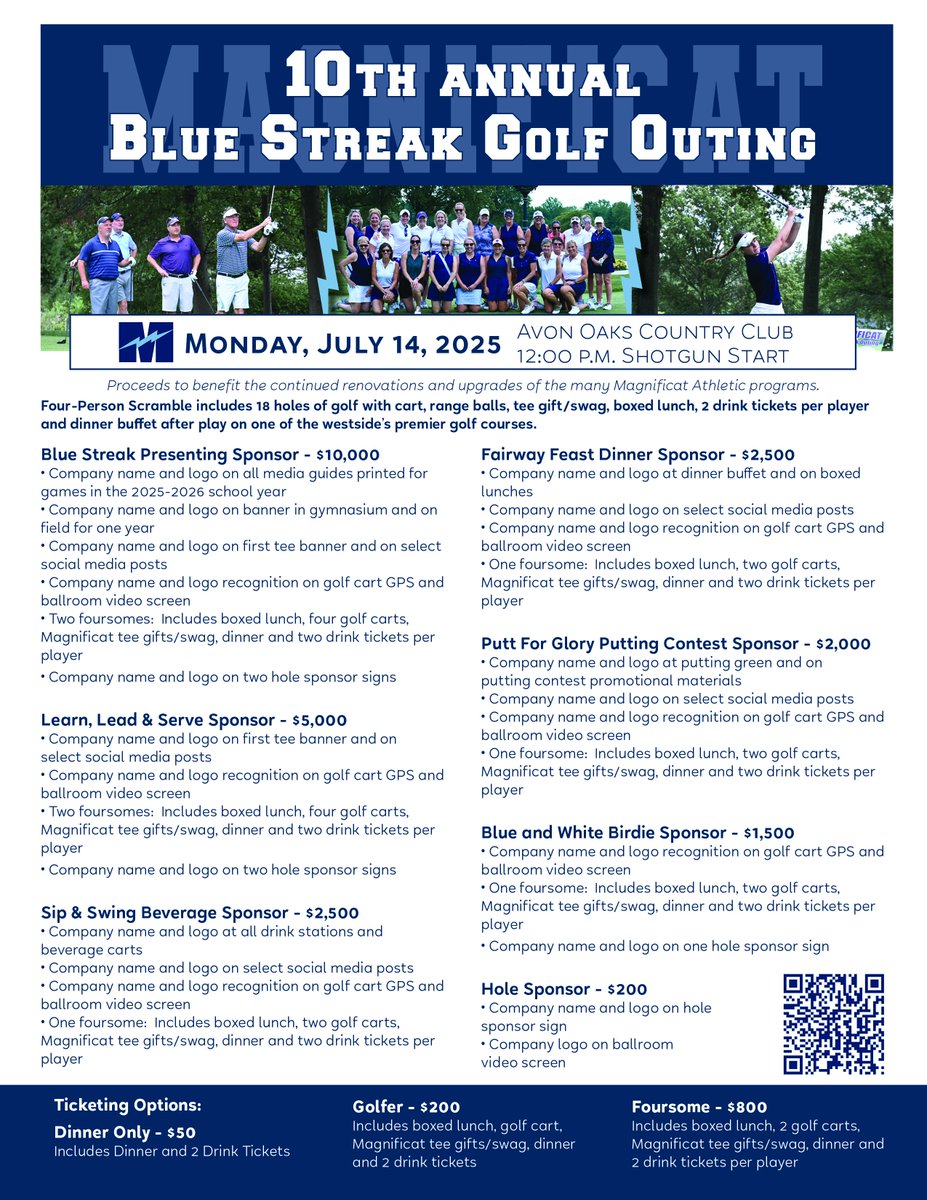 🚨🚨REGISTRATION IS OPEN🚨🚨
⛳️10th Annual Blue Streak Golf Outing 
📅 Monday, July 14, 2025
 ⏰12:00pm 
📍Avon Oaks Country Club 
🔗magnificaths.myschoolapp.com/page/student-l……