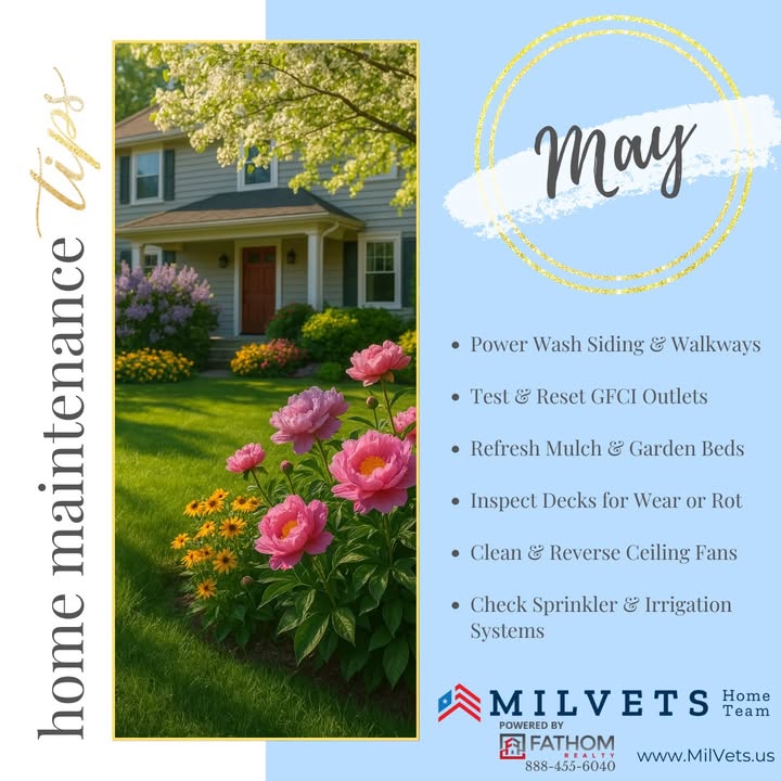 MilVetsHomeTeam's tweet image. 🌷 May Maintenance Checklist!
Power wash walkways, refresh mulch, check GFCI outlets, prep your deck, and more! 🛠️ Get your home ready for a smooth summer. #HomeMaintenance #SpringChecklist #MilVetsHomeTeam #DMVRealtor #VeteranRealtor #MayTips
