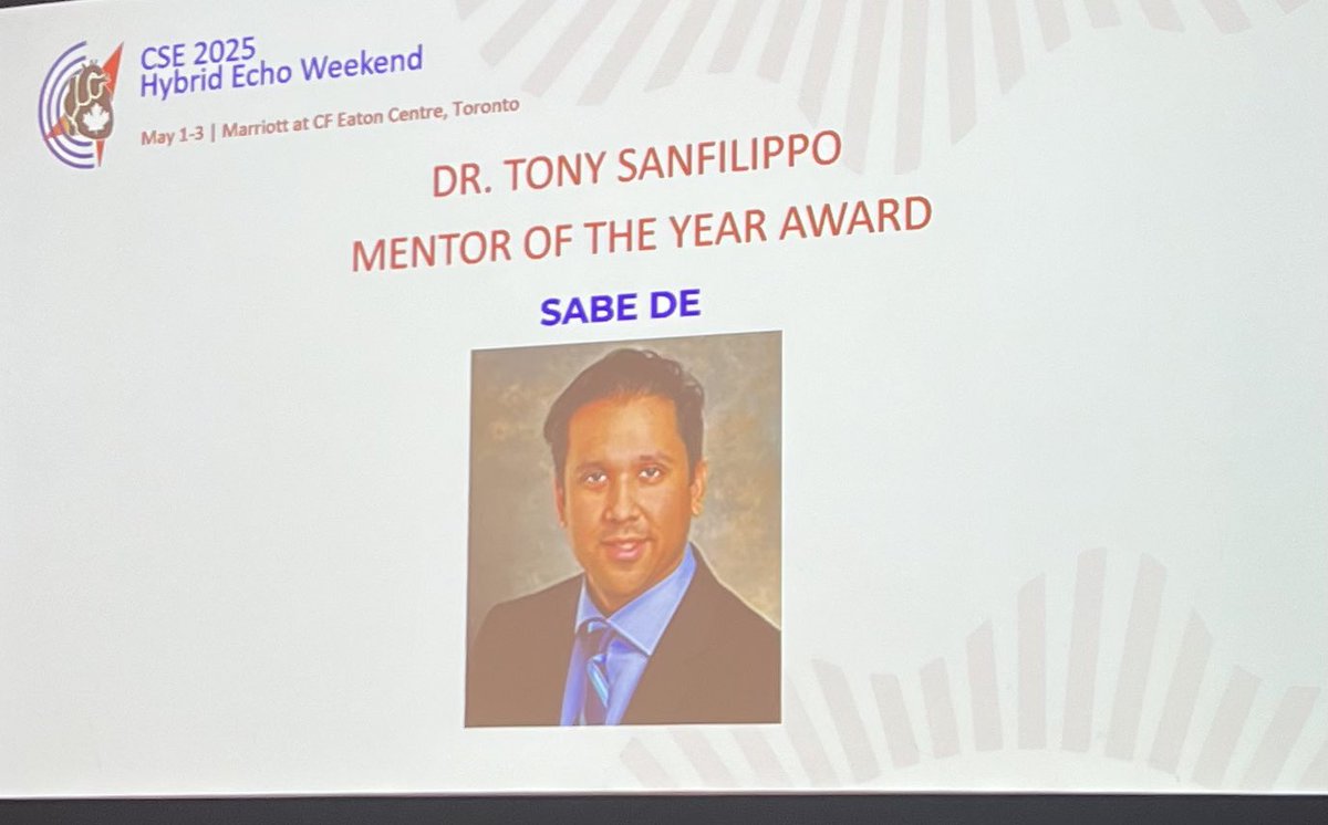 Howard Leong-Poi (@hlpsmh) on Twitter photo Congrats to <a href="/drsabede/">Dr Sabe De</a> for being recognized as the inaugural recipient of the prestigious Tony Sanfilippo Mentor of the year Award at #CSecho2025. Very well deserved! Congrats to <a href="/drsabede/">Dr Sabe De</a> for being recognized as the inaugural recipient of the prestigious Tony Sanfilippo Mentor of the year Award at #CSecho2025. Very well deserved!